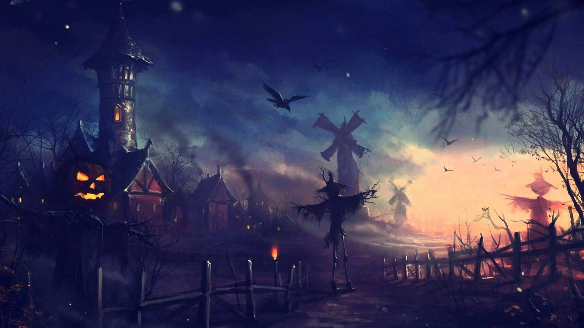 Spooky 桌布 壁紙 — 黃昏時分，一個陰森的萬聖節村莊，有發光的南瓜燈屋、稻草人和在黑暗天空下飛翔的蝙蝠。