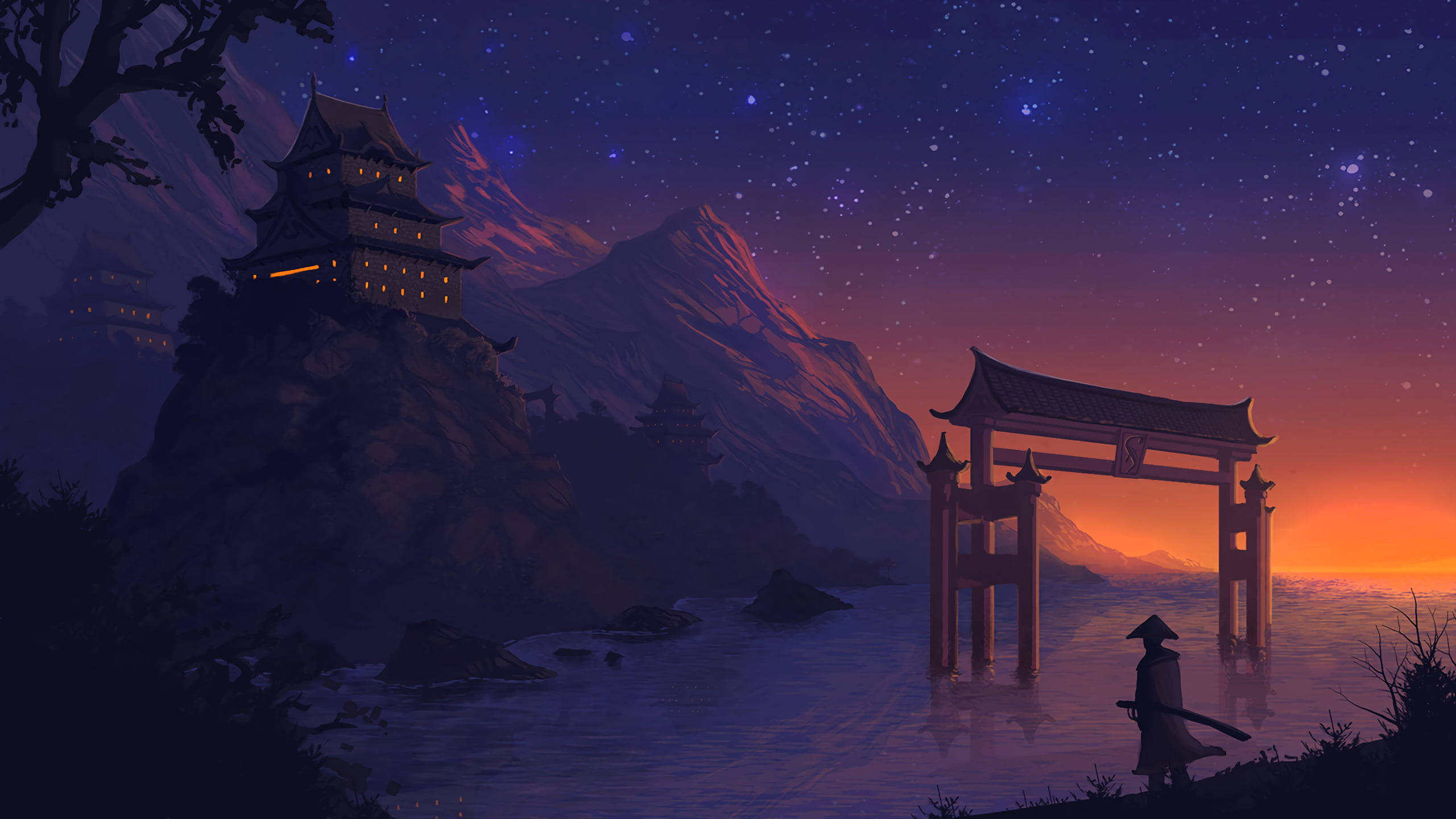 Torii 桌布 壁紙 — 黃昏時分，一名孤獨的武士站在發光的鳥居前，星空照亮了山上的城堡。