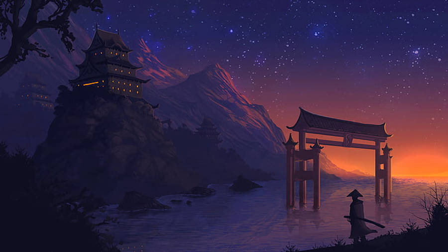 2440x1440 桌布 壁紙 — 黃昏時分，一名孤獨的武士站在發光的鳥居前，星空照亮了山城。
