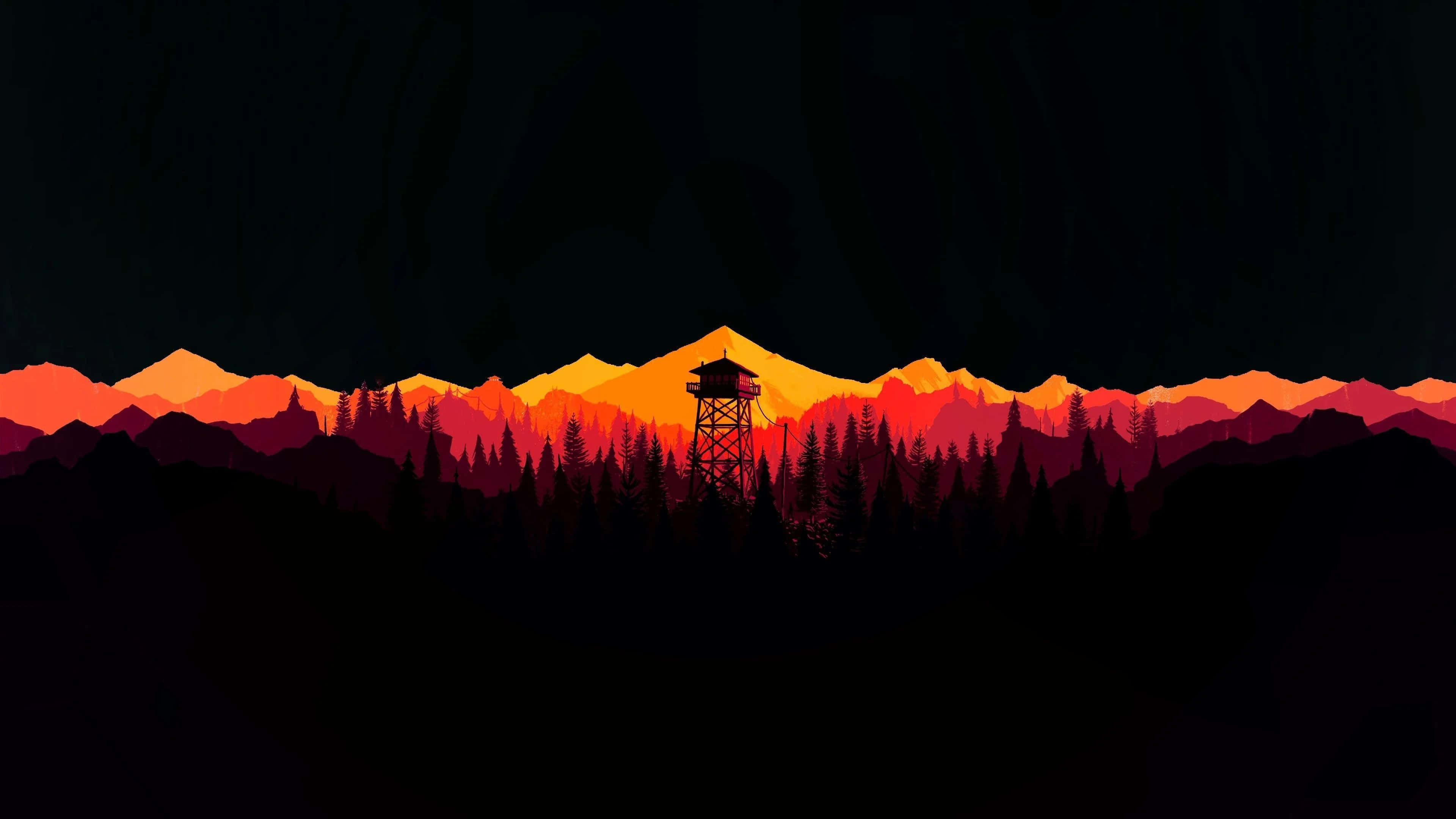 風景 桌布 壁紙 — 黃昏時分，一座剪影般的防火瞭望塔矗立在松樹之間，背景是火紅的橙色和紅色山脈。