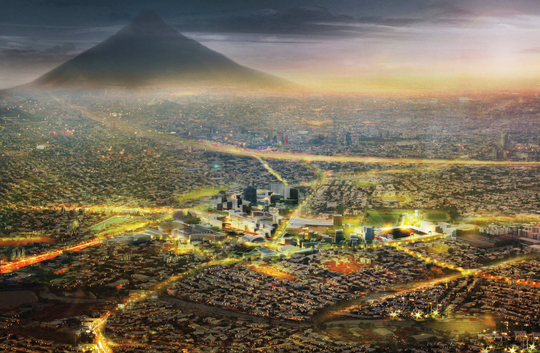 Monterrey 桌布 壁紙 — 黃昏時分，一座廣闊城市的鳥瞰圖，街道閃爍，背景中有一座黑暗的山脈。