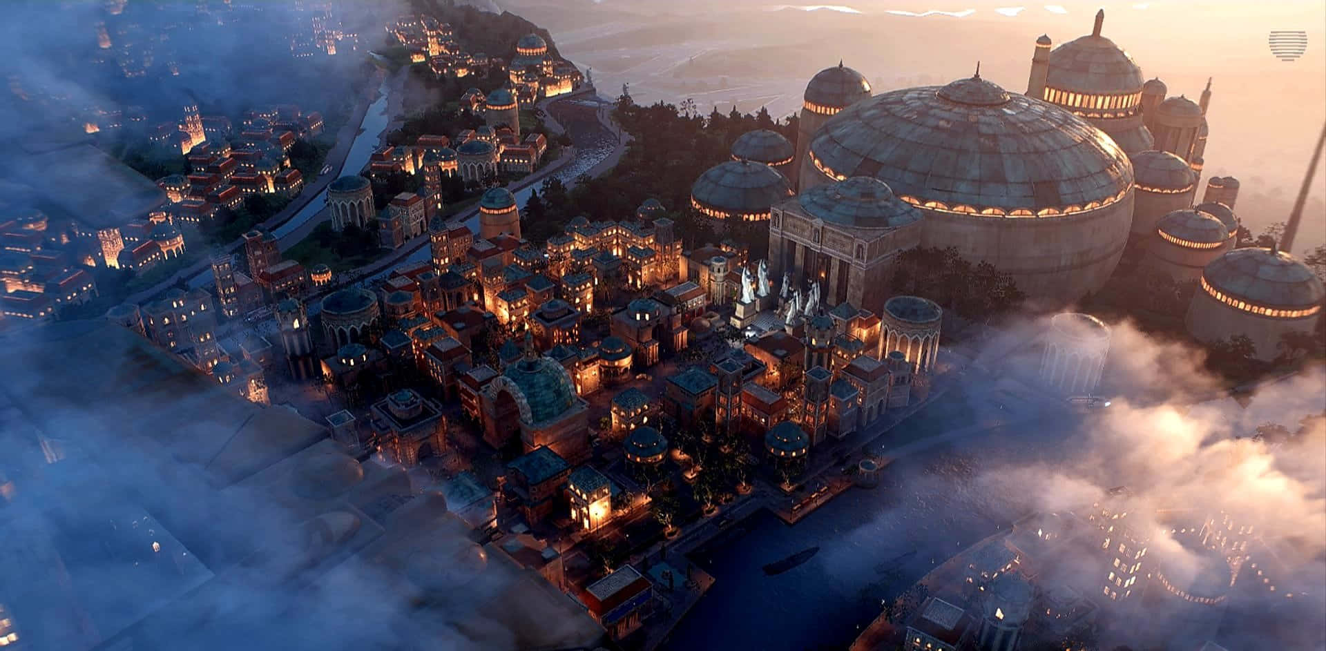 Naboo 桌布 壁紙 — 黃昏時分，一座神秘城市坐落在迷霧中的鳥瞰圖，發光的圓頂和溫暖的燈光照亮古老的建築。