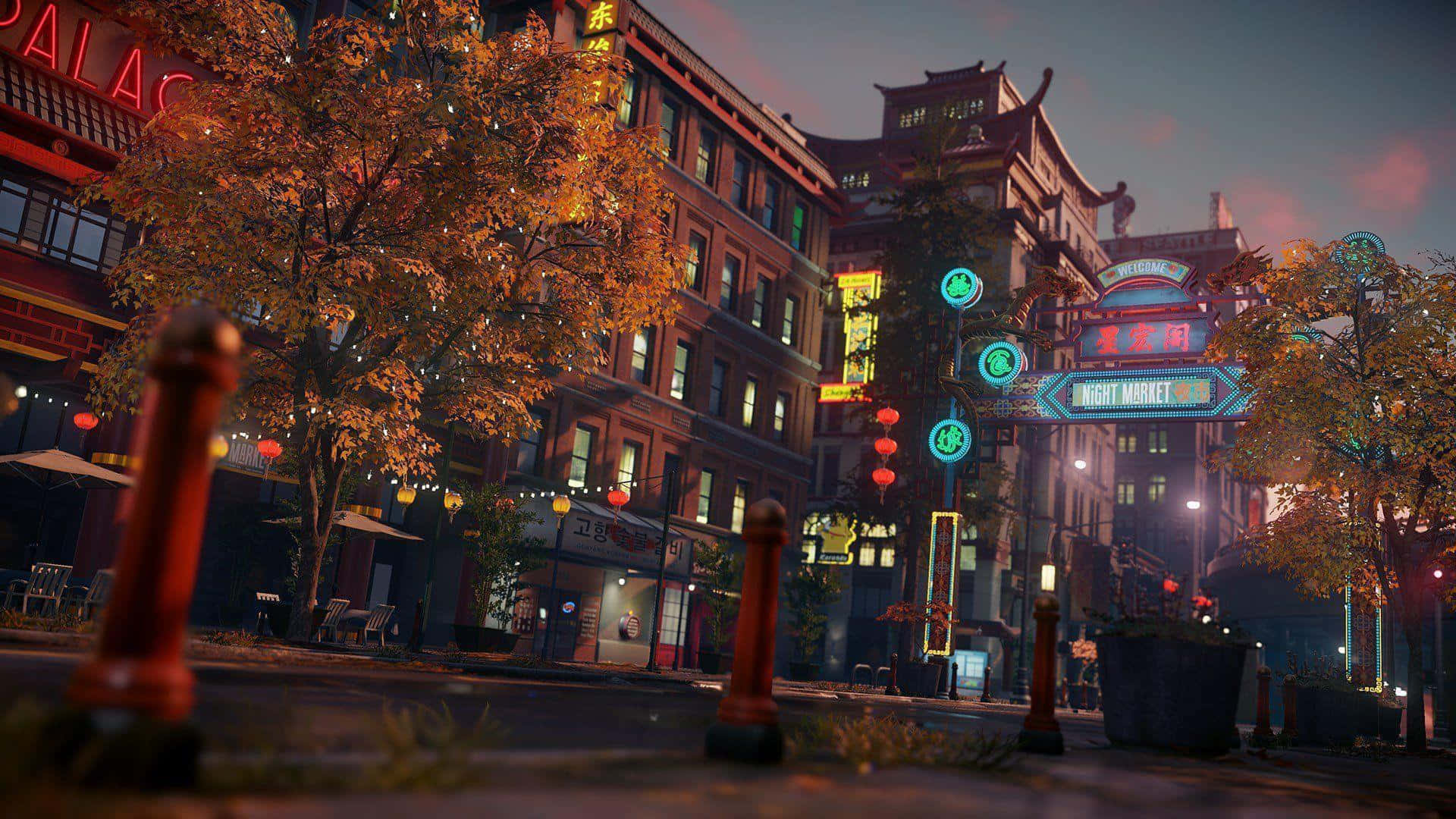 Seattle At Night 桌布 壁紙 — 黃昏時分，一條充滿活力的霓虹燈城市街道，秋天的樹木在色彩繽紛的招牌和溫暖的路燈下閃耀。