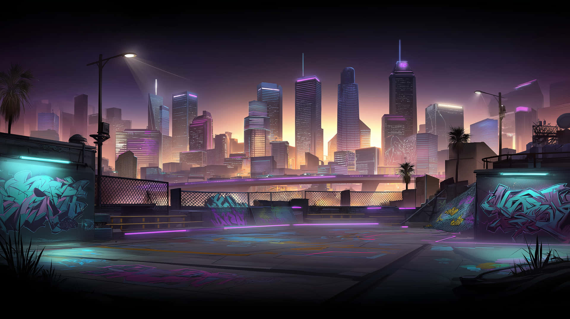 Vibrant Urban Playground with a Cybernetic City Horizon 壁紙 — 黃昏時分，一條充滿霓虹燈光的城市小巷，塗鴉牆壁和高聳的摩天大樓散發出紫色、橙色和藍綠色的光芒。