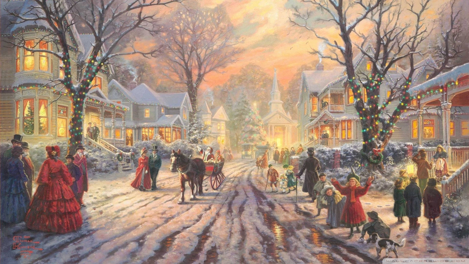 Painting 桌布 壁紙 — 黃昏時分，一條積雪的維多利亞式村莊街道，人們穿著時代服裝，有馬車，以及溫暖燈光照亮的房屋，裝飾著節日燈飾。