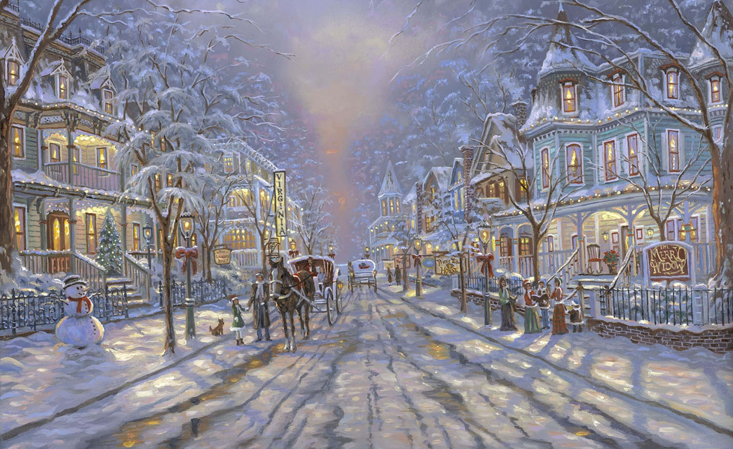 Winter Painting 桌布 壁紙 — 黃昏時分，一條積雪的維多利亞式街道，窗戶透出光芒，馬車和雪人點綴在柔和的暮色天空下。