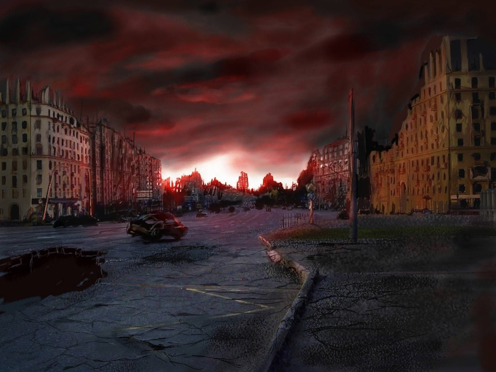 Metro 2033 桌布 壁紙 — 黃昏時分，一條荒涼的城市街道，路面龜裂，廢棄汽車和破敗建築物，籠罩在血紅色的天空下。