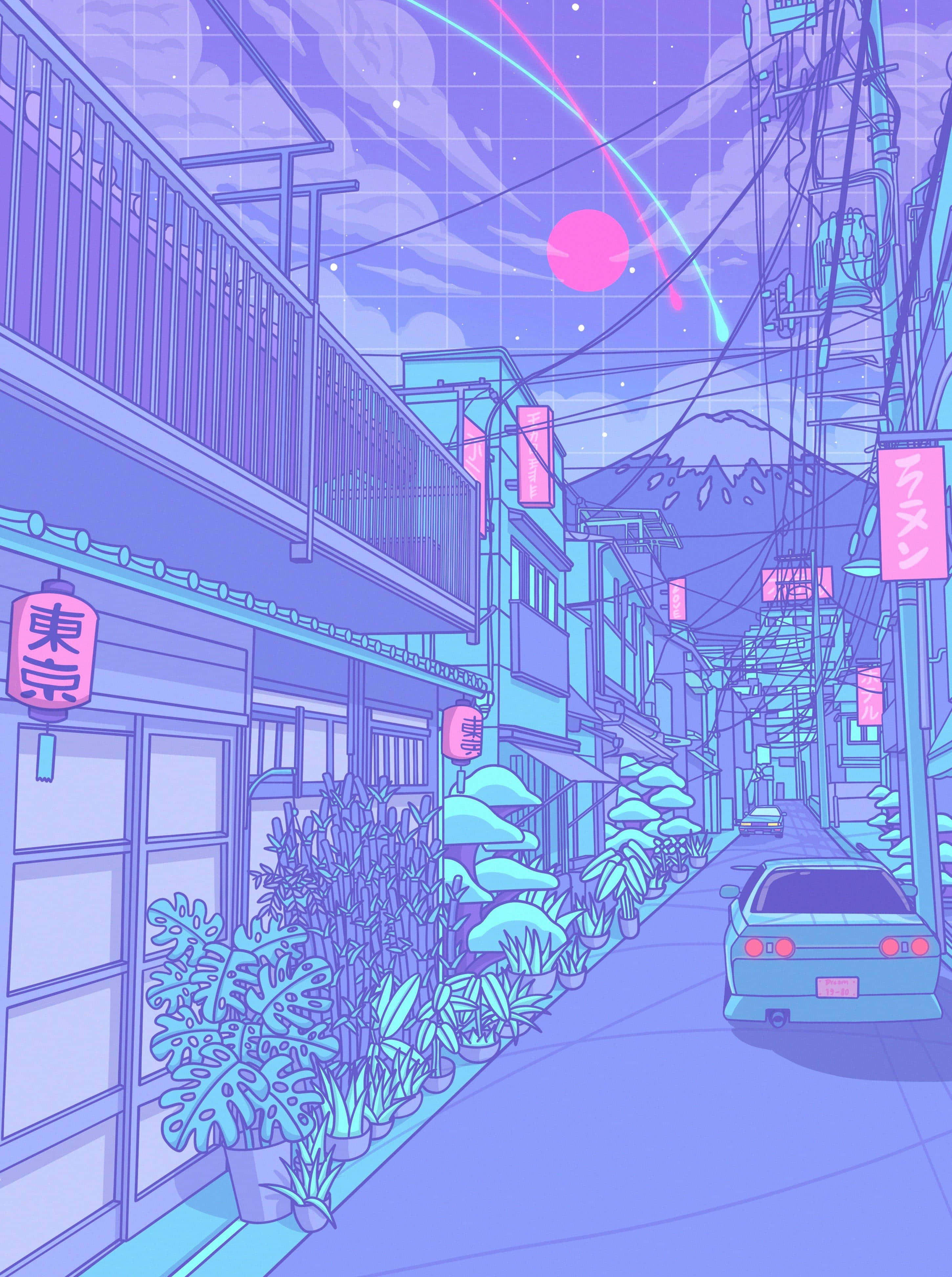 Neighborhood 桌布 壁紙 — 黃昏時分，一條霓虹燈閃爍的日本街道，粉紅色的太陽，發光的招牌，以及一輛停在茂密植物中的跑車。