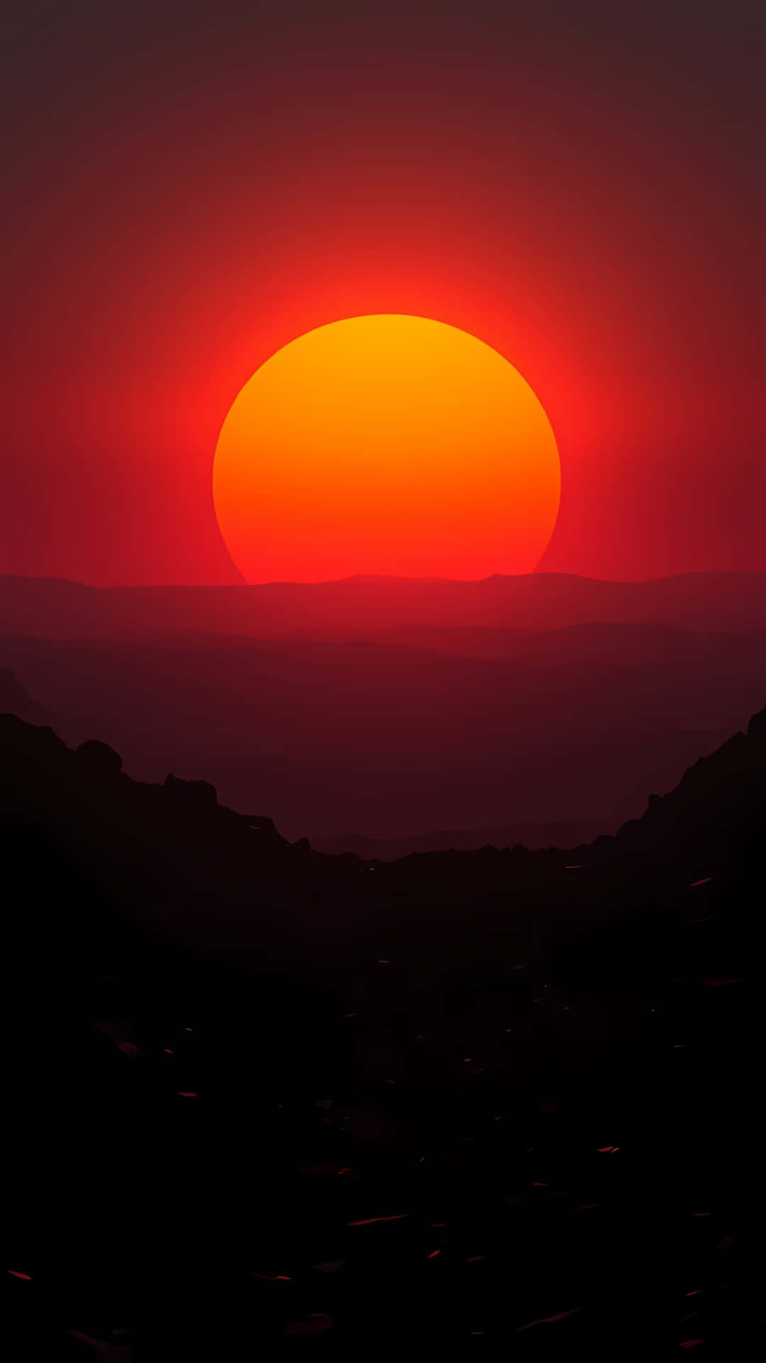 Minimalist Red Sun Rising Over Mountain Silhouette 壁紙 — 黃昏時分，一輪巨大的熾熱太陽在層層疊疊的山巒剪影上方發出橙色和紅色的光芒。