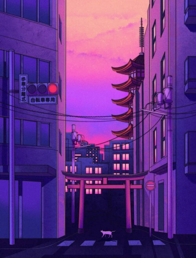 Digital 桌布 壁紙 — 黃昏時分，一隻孤獨的貓咪在霓虹燈閃爍的日本小巷中，穿過發光的粉紅色和紫色鳥居下方。