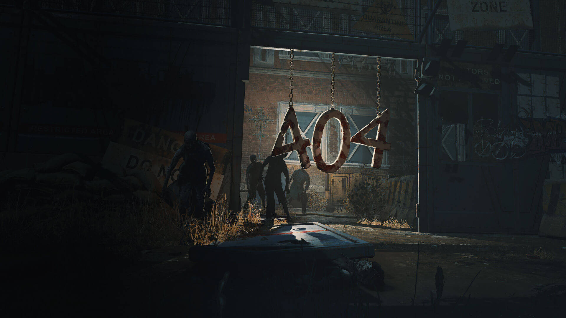 Dying Light 2 桌布 壁紙 — 黃昏時分，剪影人物站在一個廢棄工業門口掛著的生鏽A04標誌前。