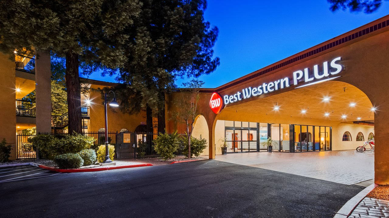 夜晚的 Best Western Plus 酒店入口，帶有發光招牌和樹木。 — 超寬 GIF 壁紙