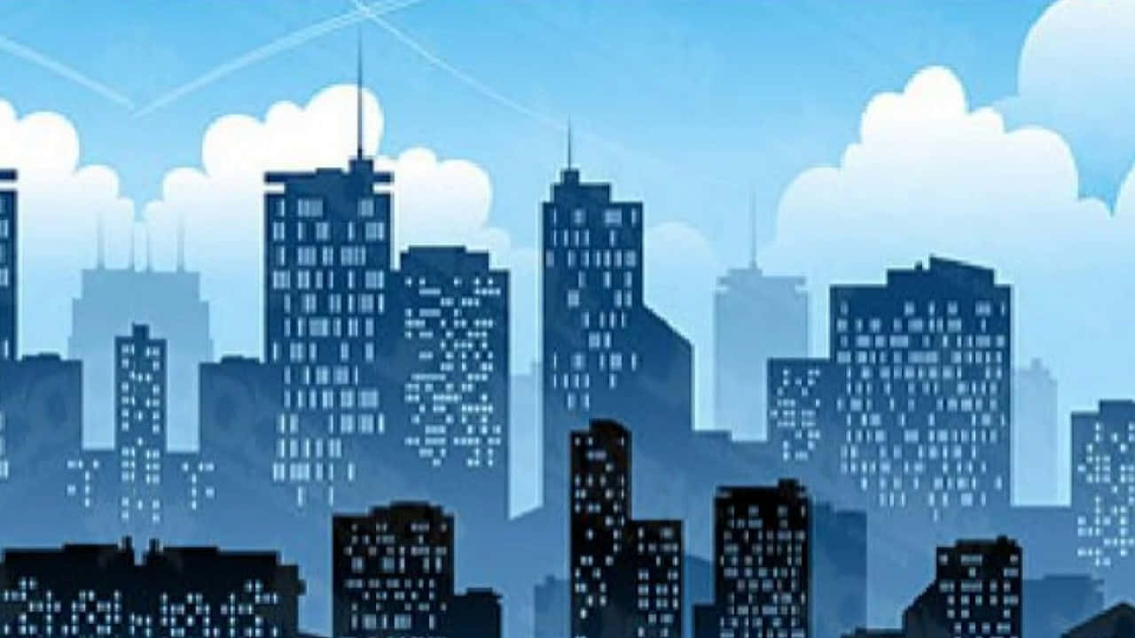 Cartoon City 桌布 壁紙 — 黃昏時分，在陰天之下，一個風格化的城市天際線，擁有藍色建築物和發光的窗戶。
