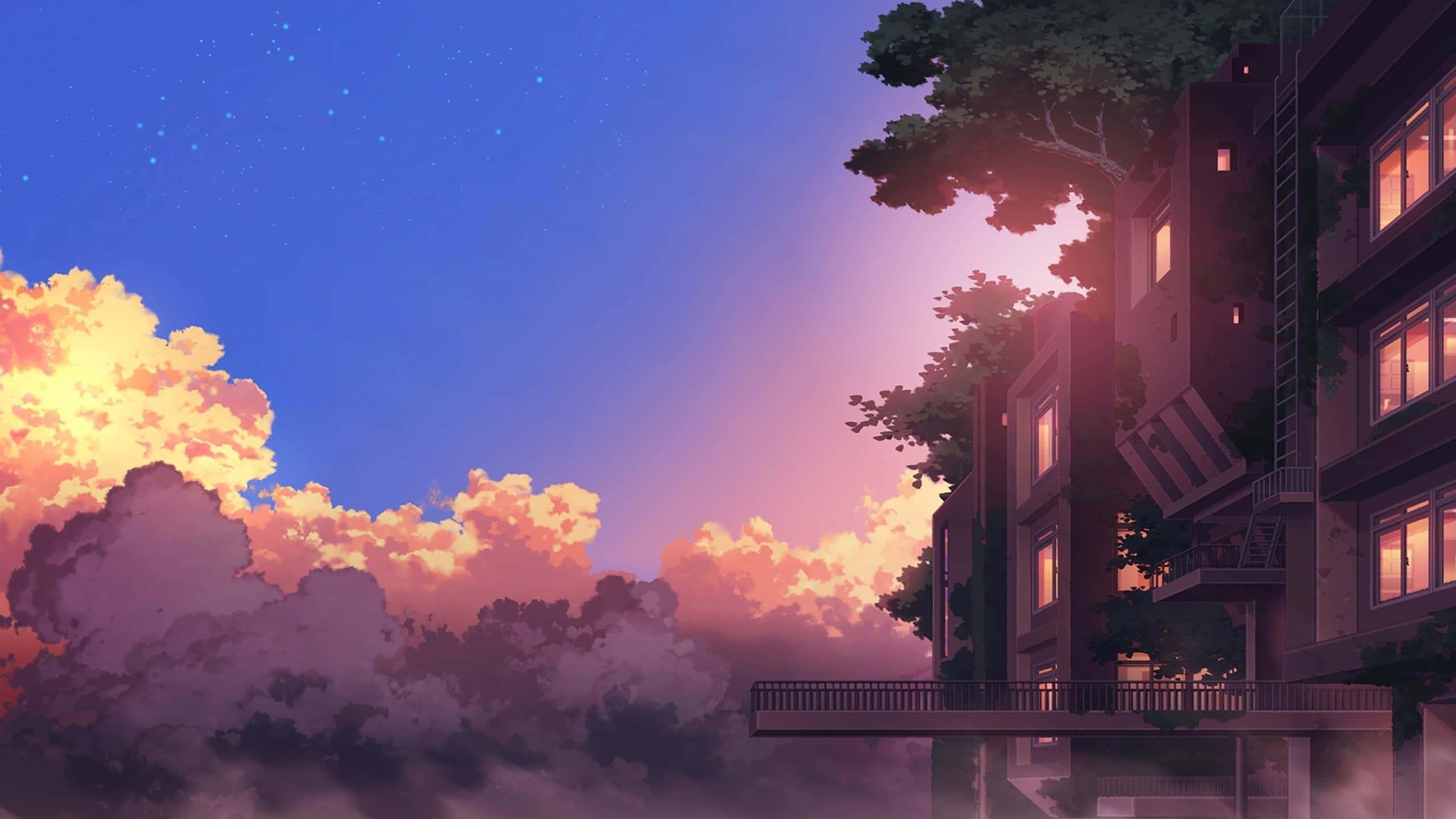 Anime Sunset 桌布 壁紙 — 黃昏時分，寧靜的動漫風格城市景觀，窗戶閃爍著光芒，深藍色的天空中點綴著充滿活力的粉橙色雲彩。