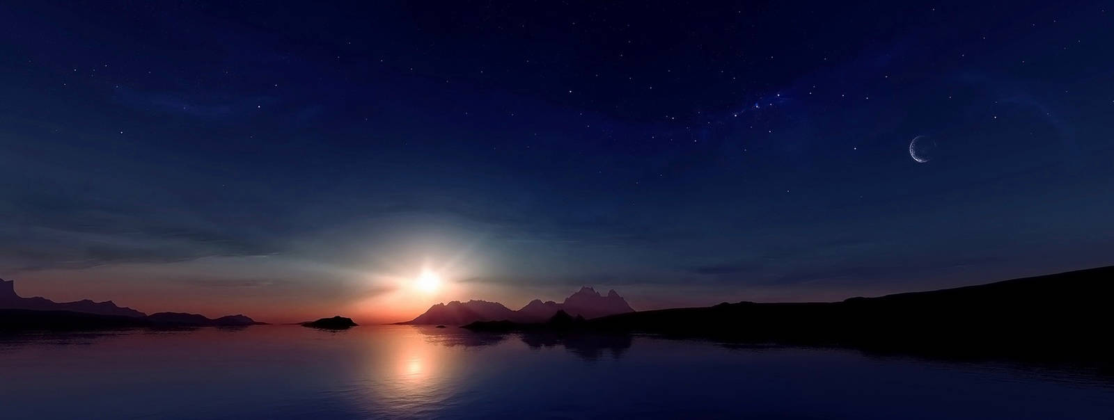 Sun And Moon 桌布 壁紙 — 黃昏時分，寧靜的湖泊映照著閃耀的太陽和彎月，背景是繁星點點的深藍色天空。