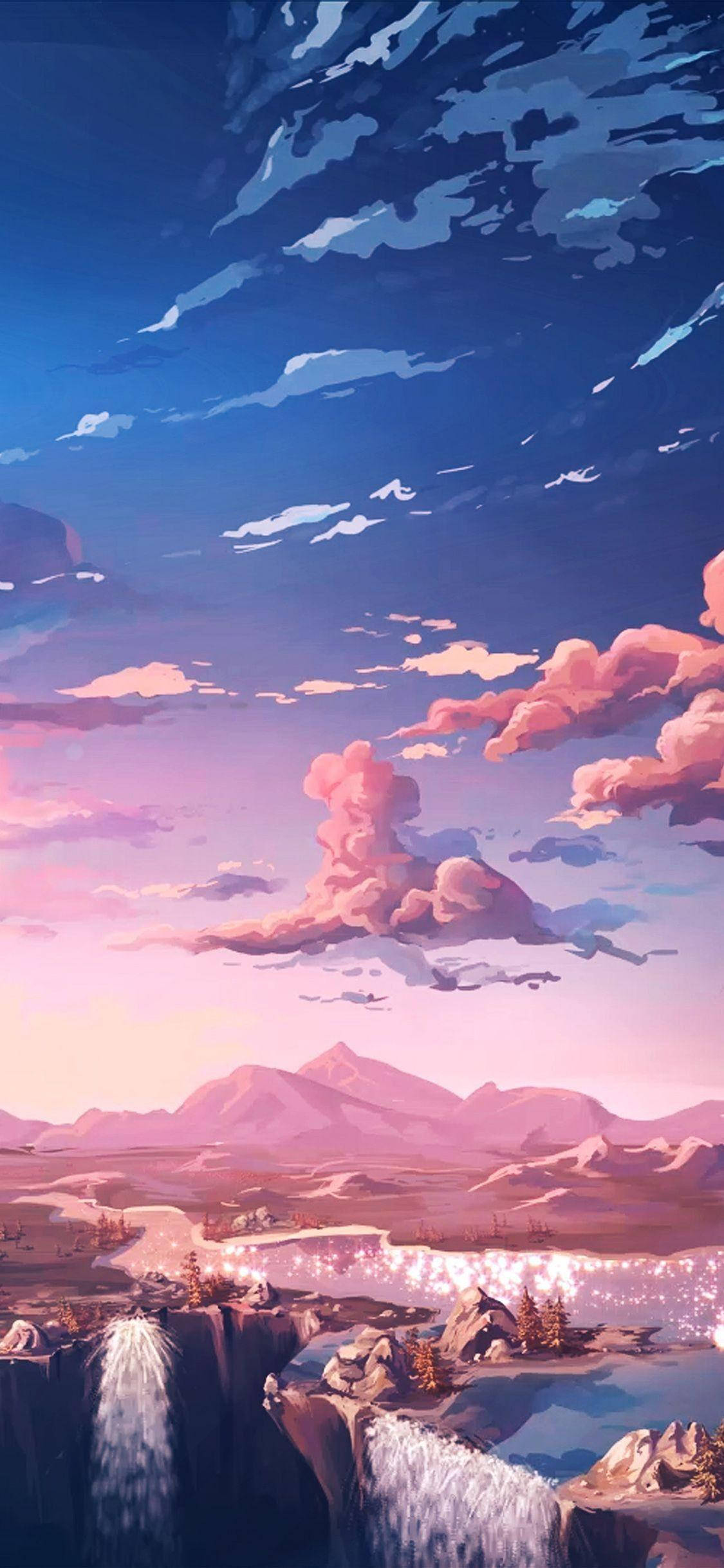 山脈 桌布 壁紙 — 黃昏時分，山巒之上粉紅雲彩與發光瀑布交織的寧靜動漫風格風景。