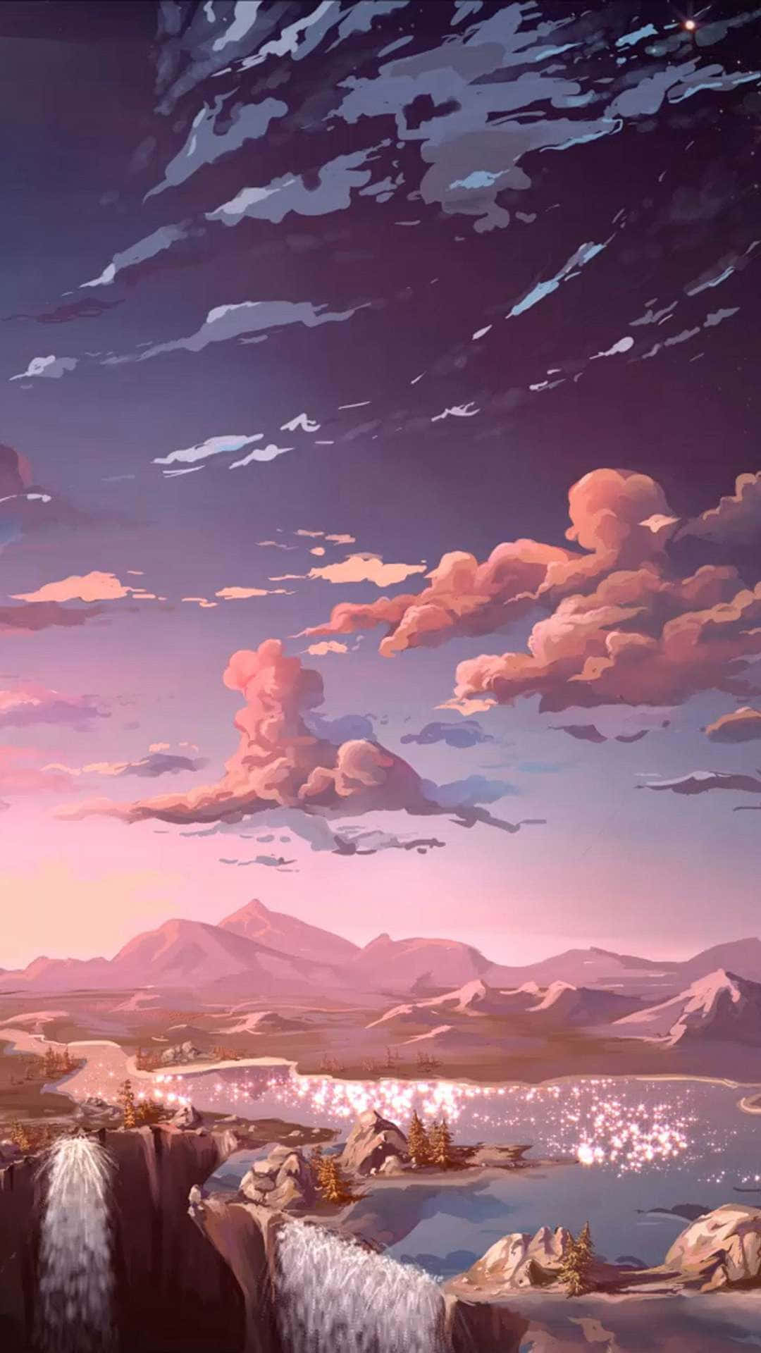 Painting 桌布 壁紙 — 黃昏時分，山巒和閃爍的湖面上方有粉紅色和紫色的雲彩，呈現寧靜的動漫風格景觀。