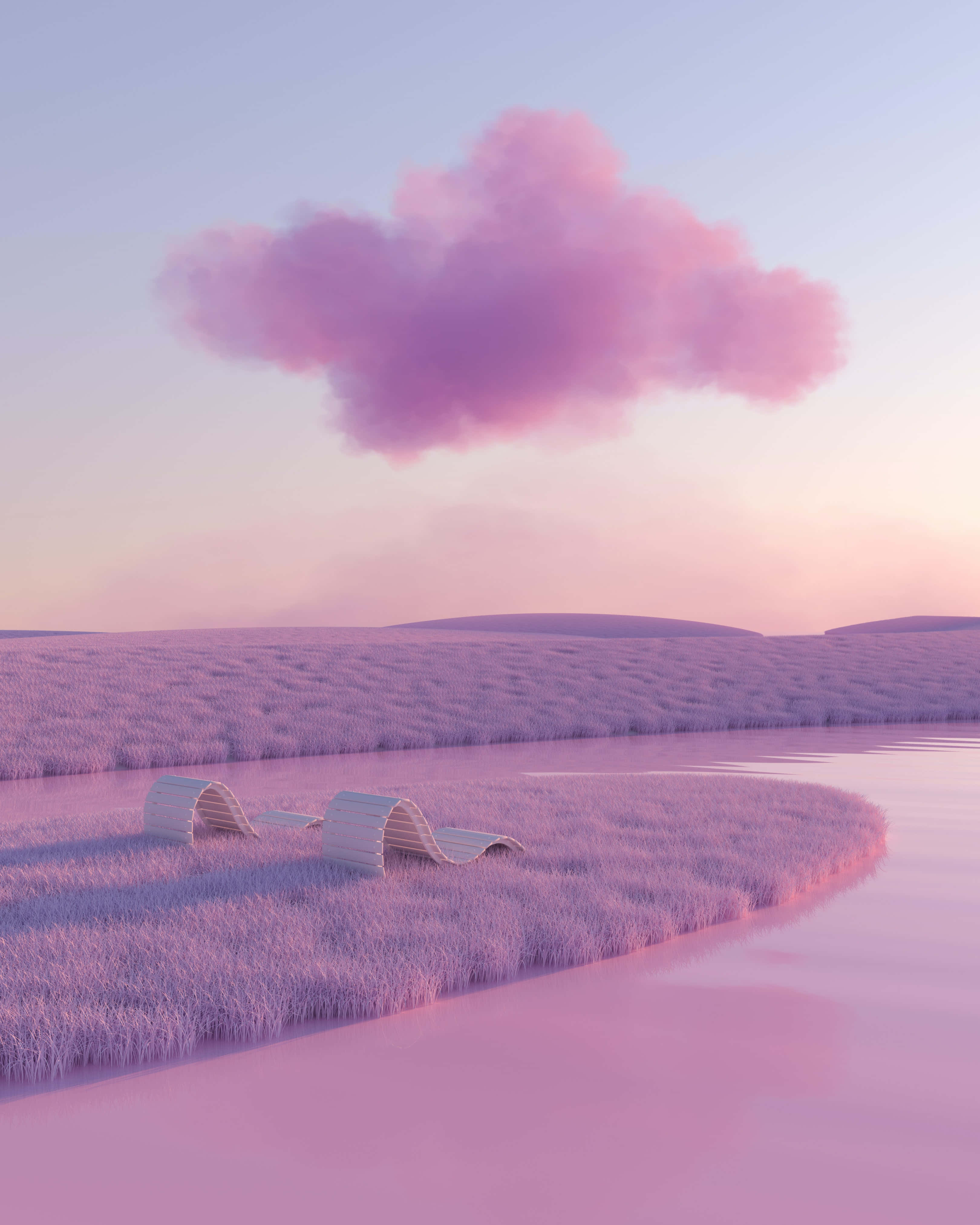 dreamy 桌布 壁紙 — 黃昏時分，平靜的河邊有波浪形長椅，上方是巨大的粉紅雲朵，呈現超現實的粉紅景觀。
