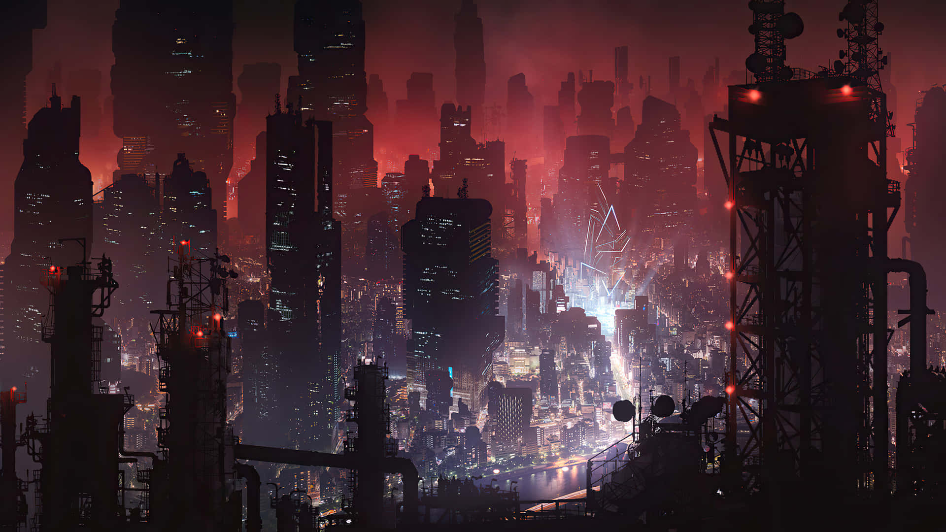 Cyberpunk Laptop 桌布 壁紙 — 黃昏時分，廣闊的未來主義城市景觀，高聳的摩天大樓和發光的霓虹燈，映襯著火紅的天空。