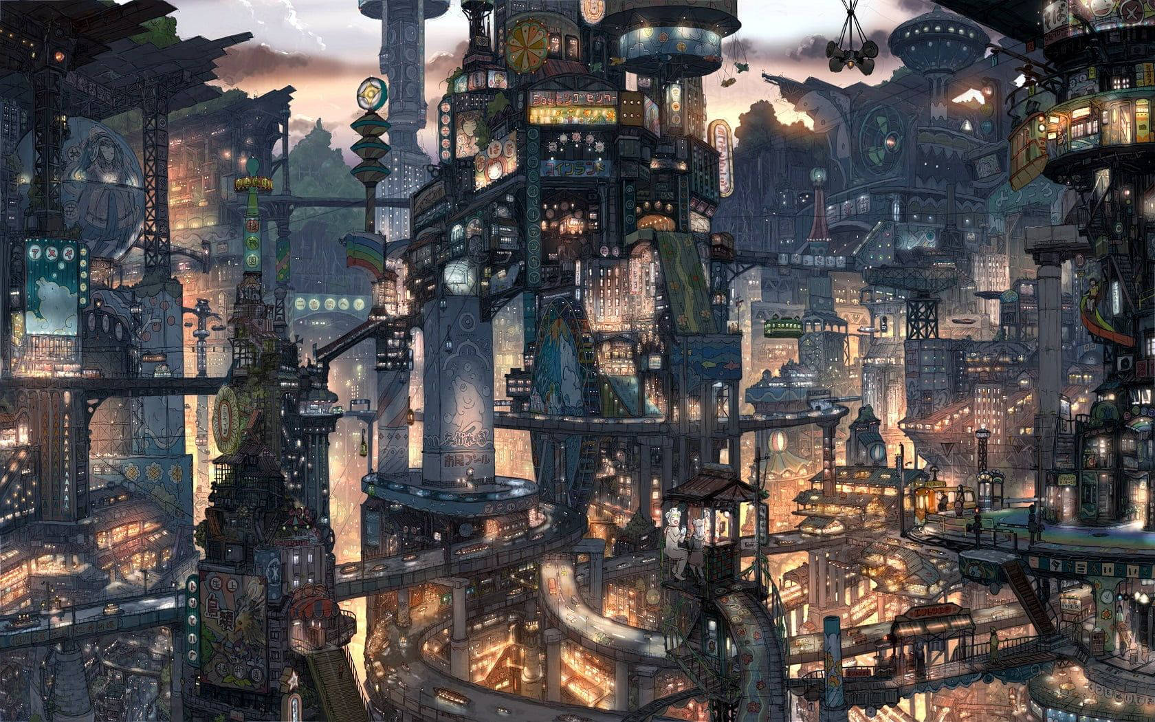 Futuristic City 桌布 壁紙 — 黃昏時分，廣闊的蒸氣龐克城市景觀，帶有發光的霓虹燈招牌和複雜的機械塔。