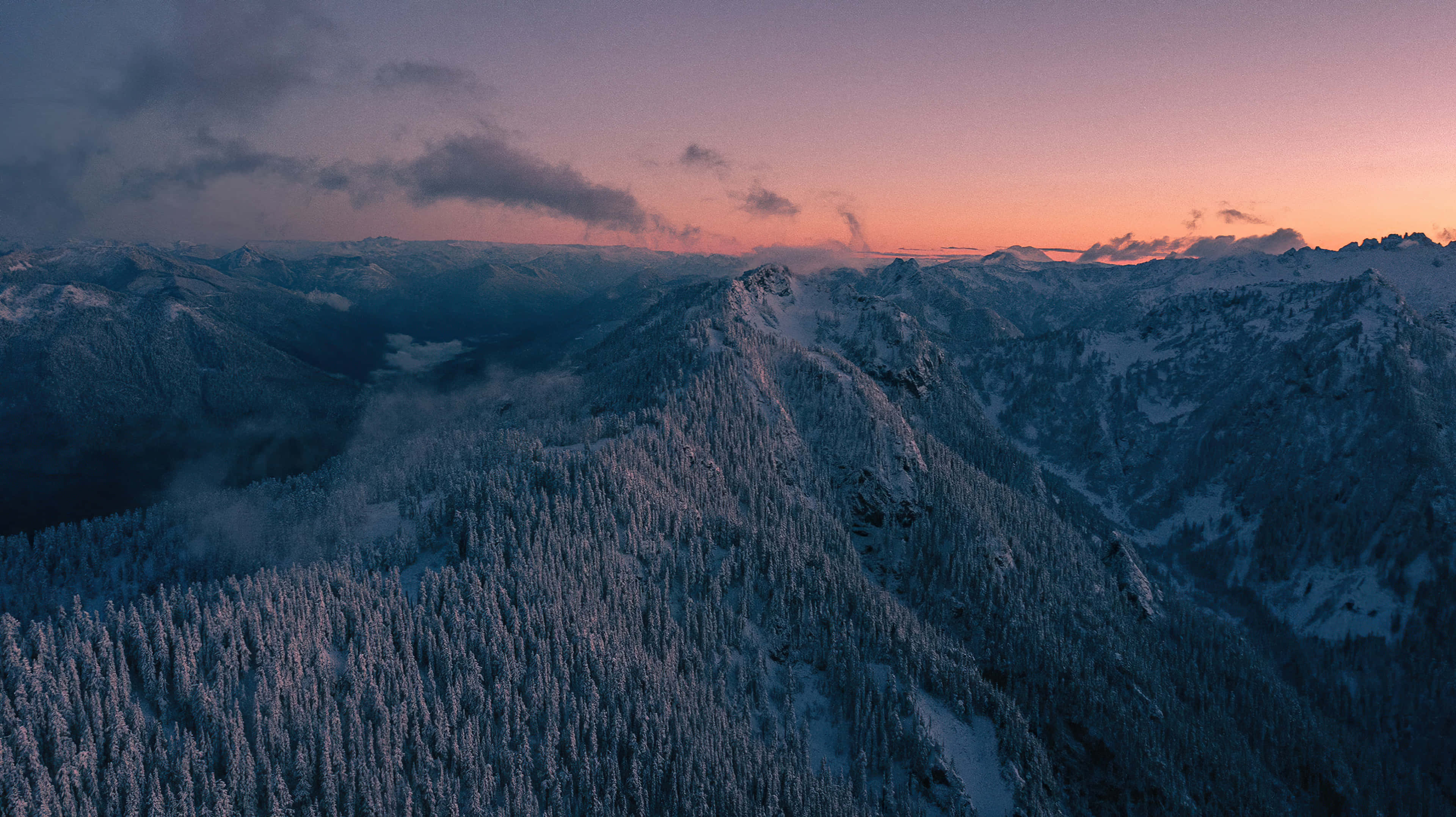 Mountain Landscape 桌布 壁紙 — 黃昏時分，松樹林上空粉紫色天空下積雪覆蓋的山脈鳥瞰圖。