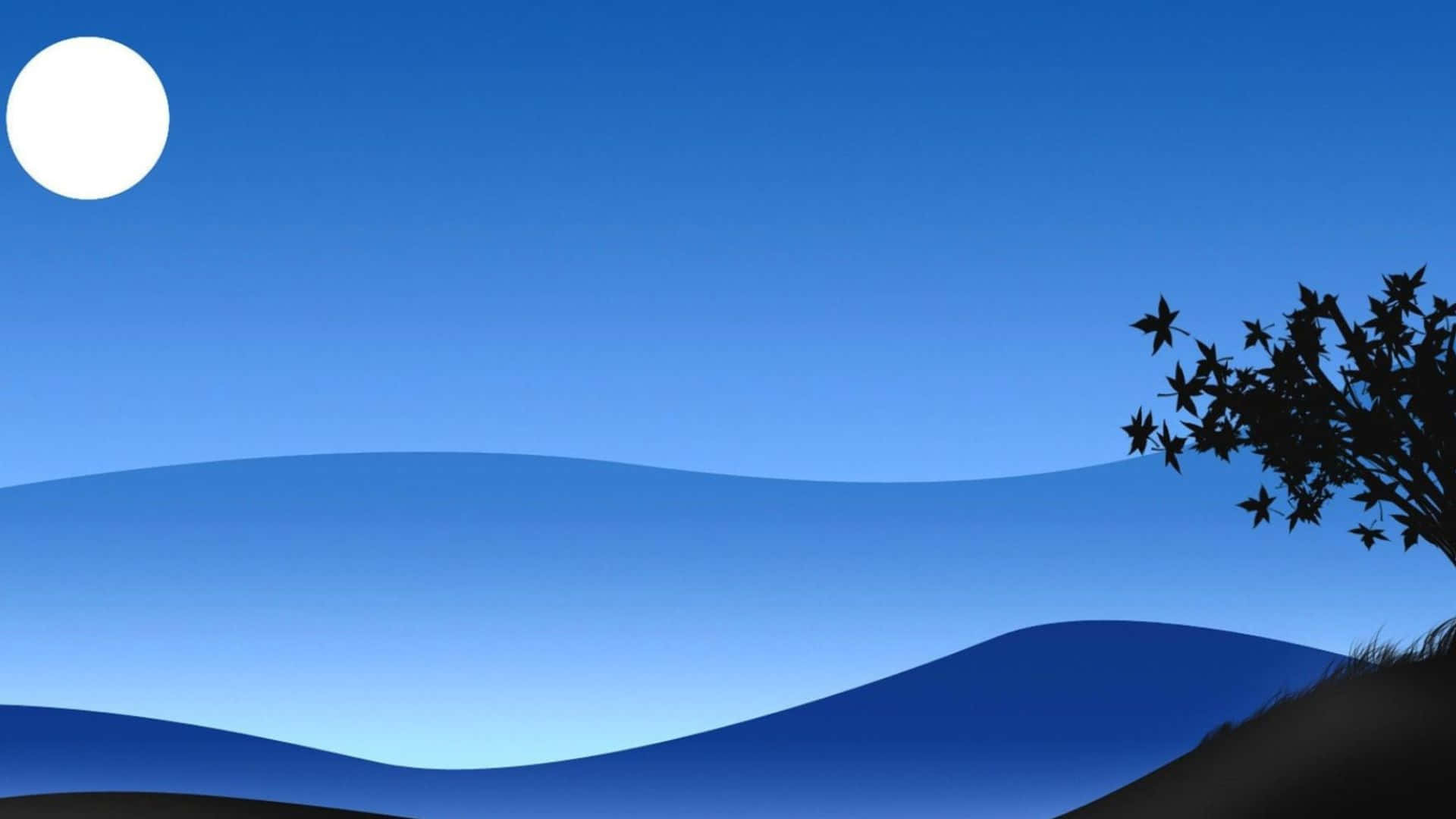 Minimalist Sky 桌布 壁紙 — 黃昏時分，極簡藍色漸變天空，白色月亮和剪影樹木覆蓋連綿起伏的山丘。