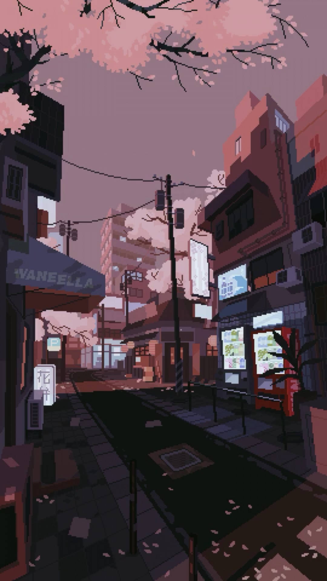 Aesthetic Anime Phone 桌布 壁紙 — 黃昏時分，櫻花飄落在霓虹燈建築物上的像素藝術街景。