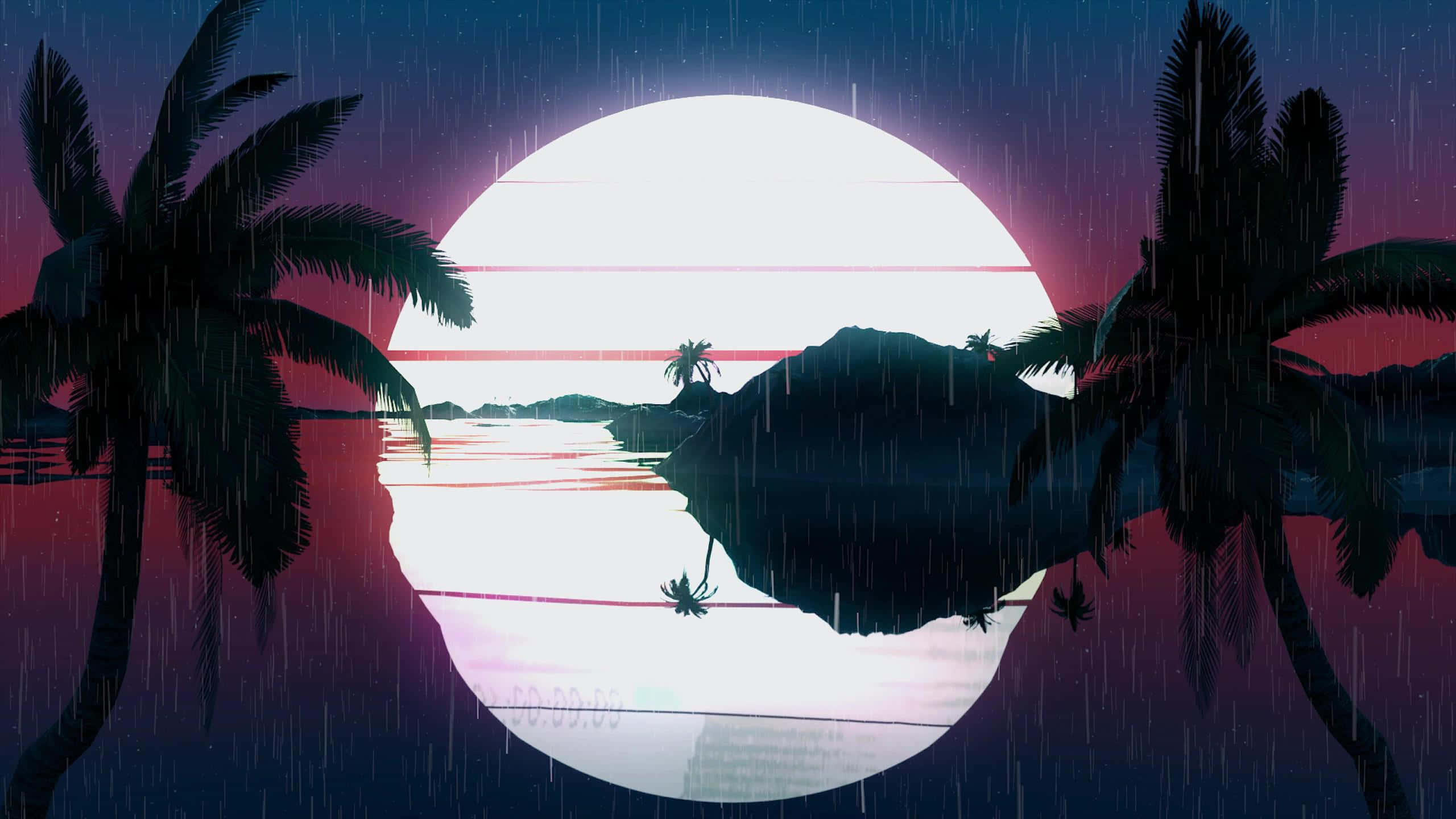 蒸氣波 桌布 壁紙 — 黃昏時分，熱帶島嶼上下著雨，巨大的發光太陽和棕櫚樹在霓虹天空的映襯下形成剪影。