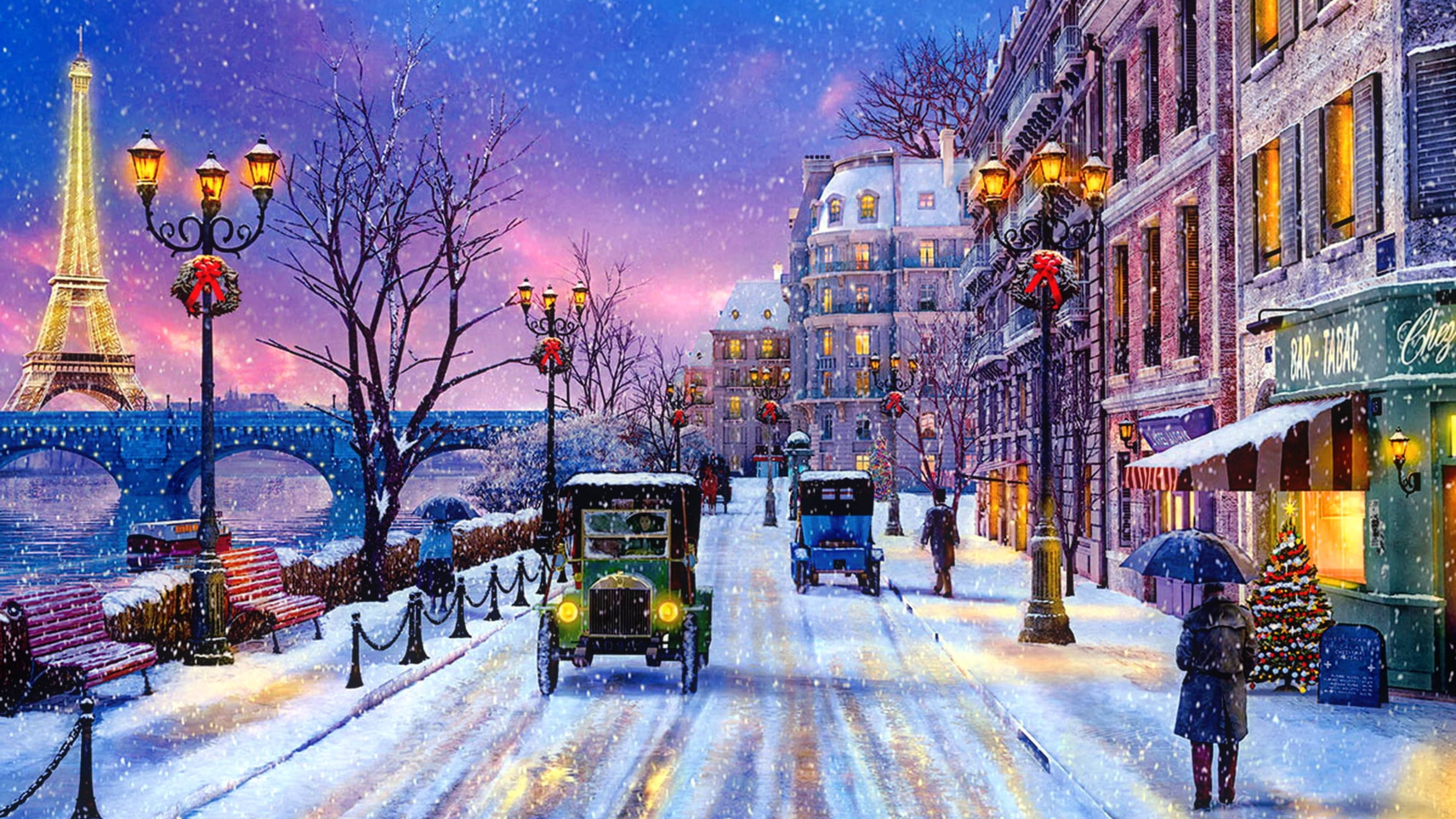 寒冷 桌布 壁紙 — 黃昏時分，白雪覆蓋巴黎街道，復古汽車在發光路燈旁滑行，遠處的艾菲爾鐵塔閃爍著光芒。