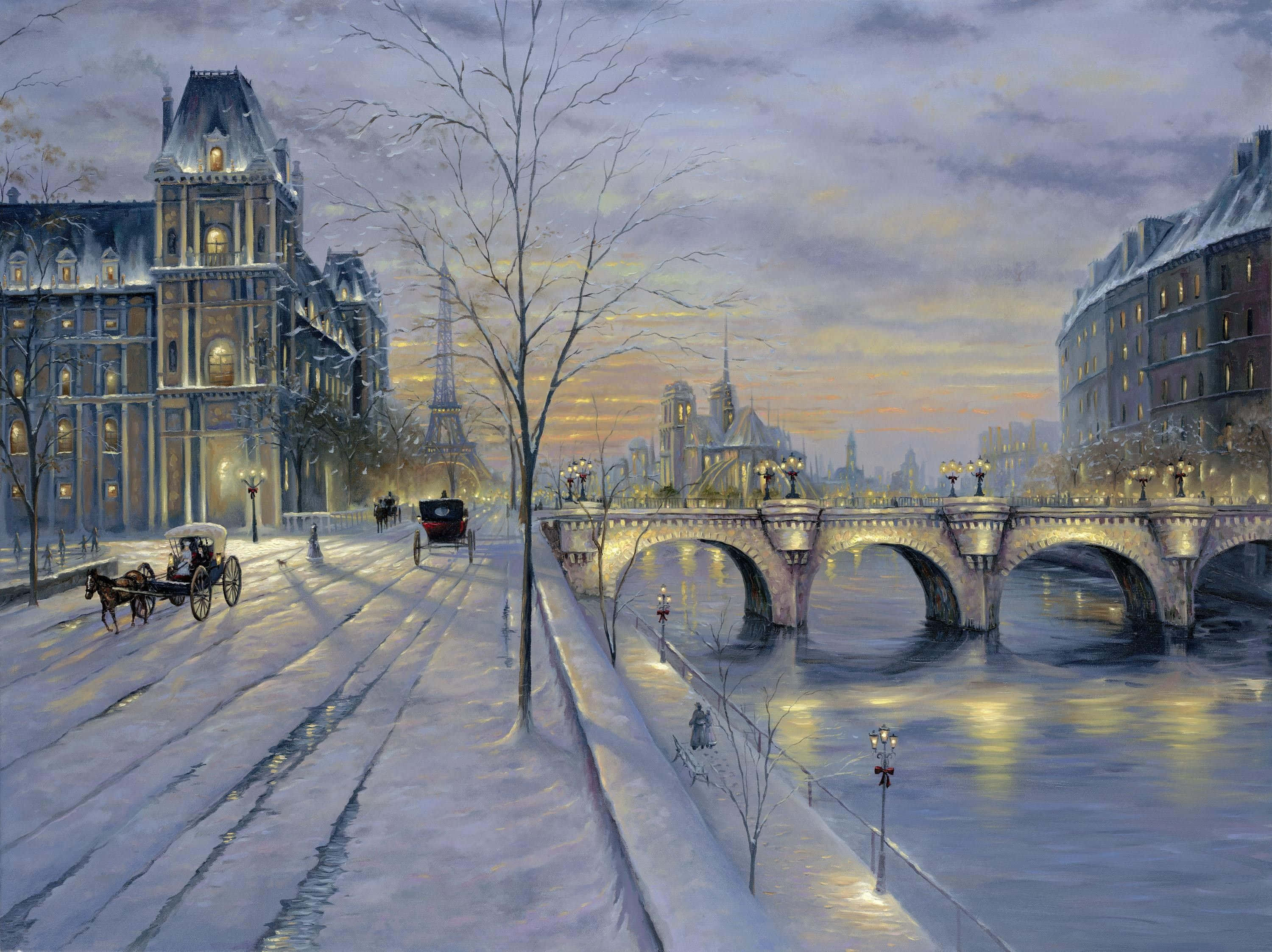 Paris Aesthetic 桌布 壁紙 — 黃昏時分，白雪覆蓋巴黎街道，馬車滑過石橋，橋上倒映著溫暖的路燈。