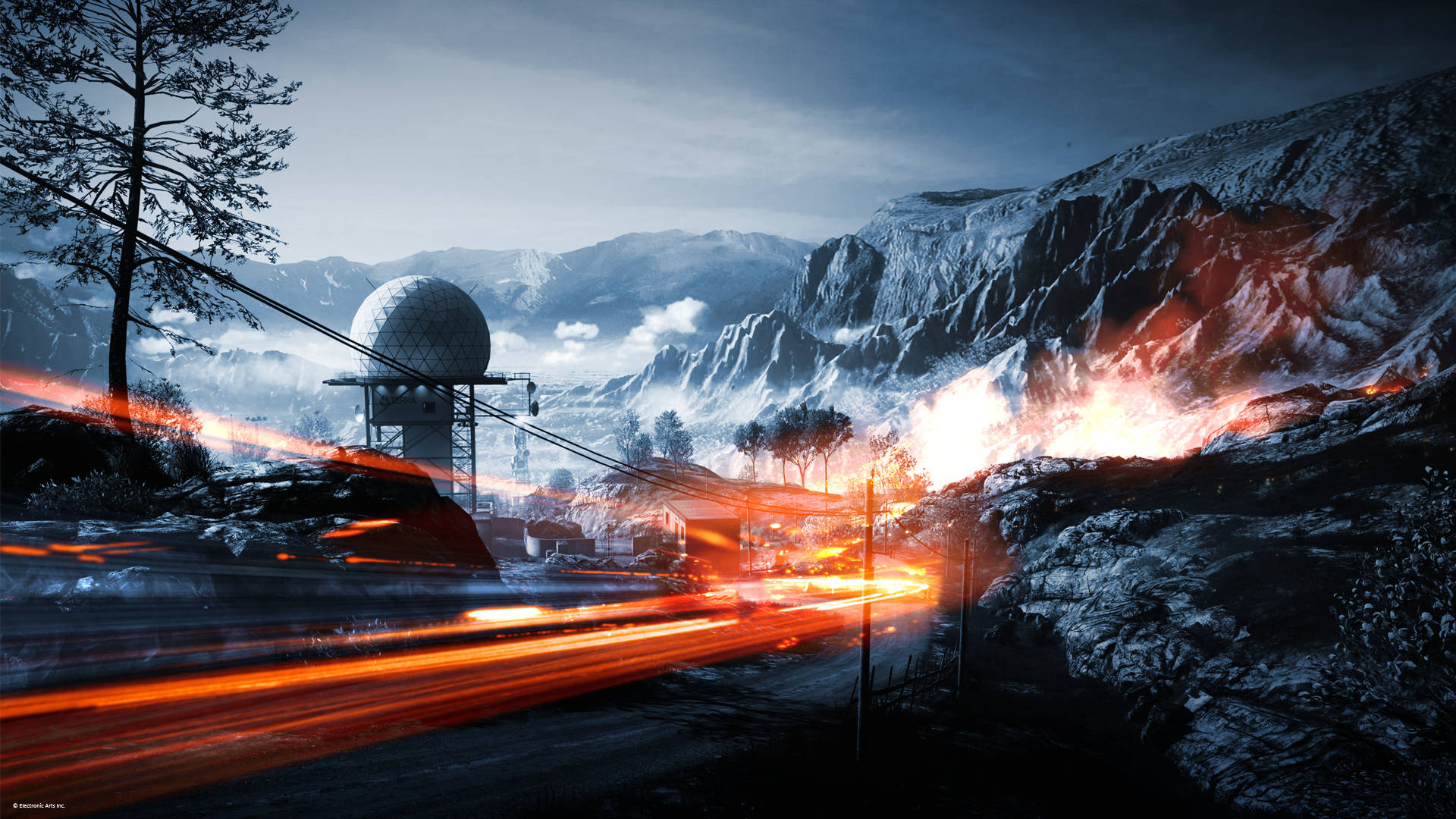 Battlefield 3 桌布 壁紙 — 黃昏時分，白雪覆蓋的山景，有一個雷達圓頂和火橙色光跡劃過道路。