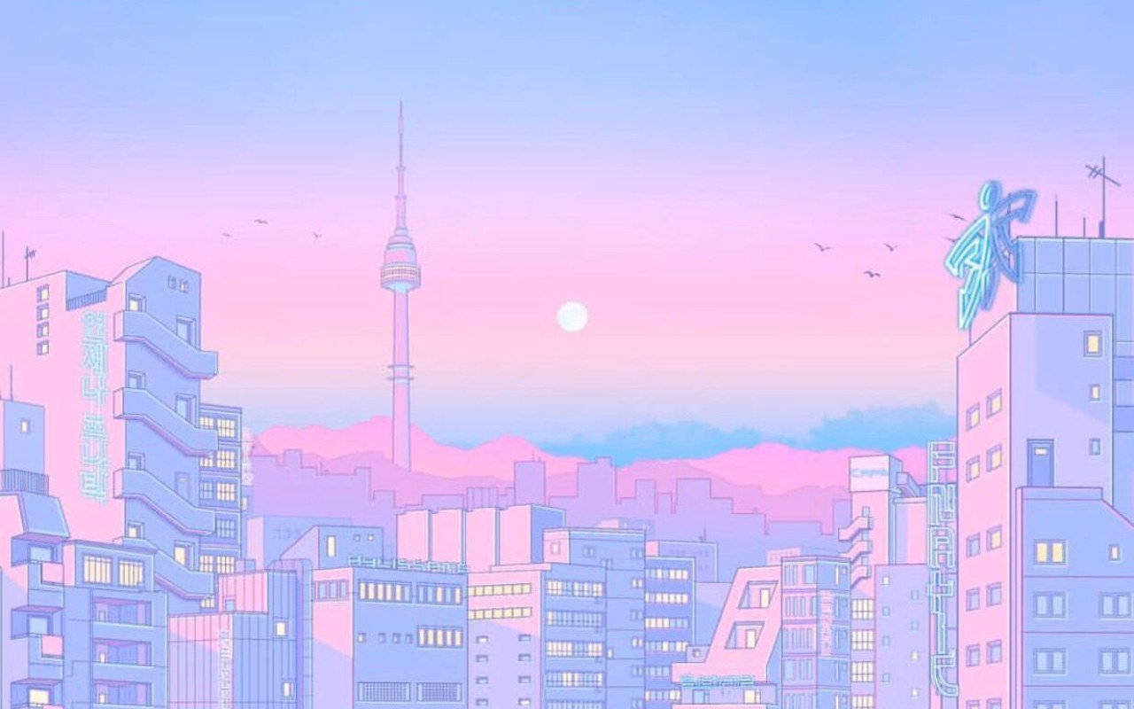 80s Anime Aesthetic 桌布 壁紙 — 黃昏時分，粉彩色的動畫城市景觀，粉紅色和藍色的天空中有一輪發光的月亮和高塔。