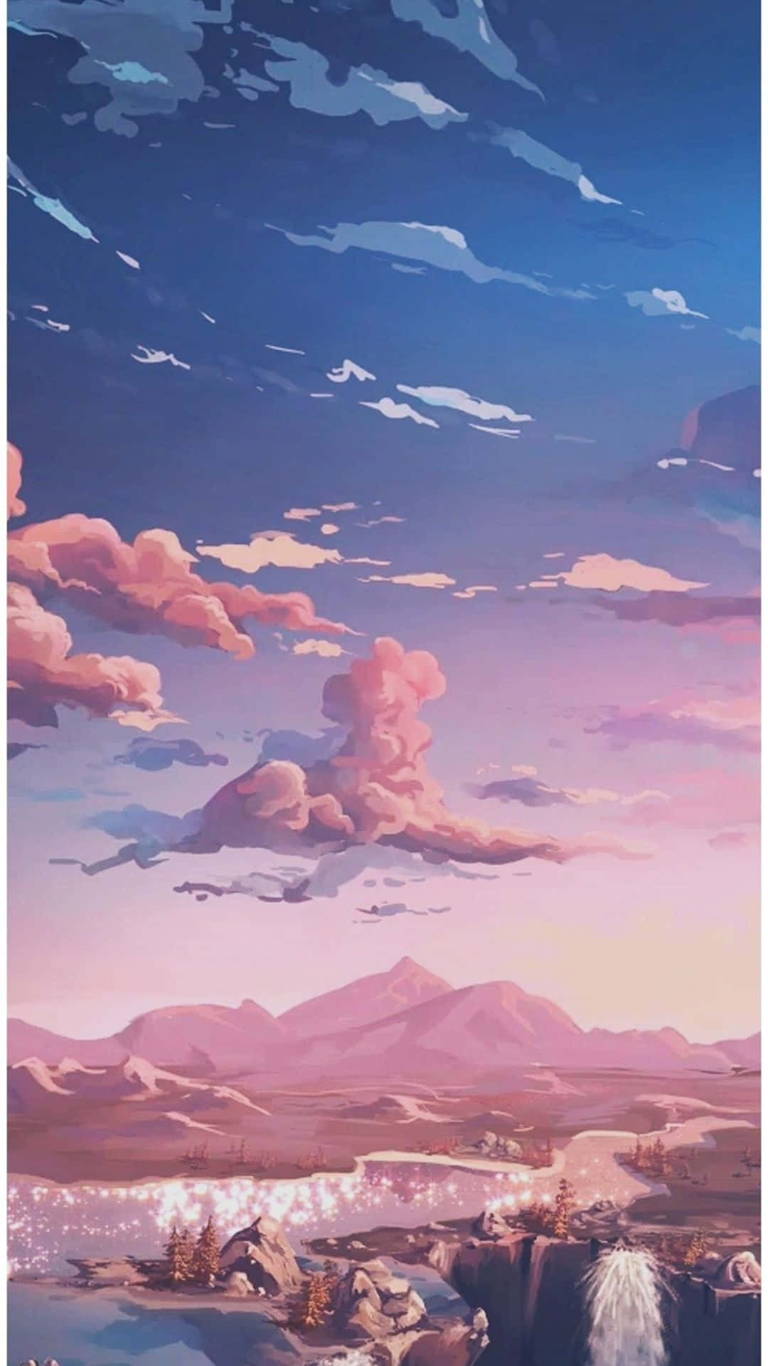 iPad 桌布 壁紙 — 黃昏時分，粉紅色的雲朵飄在紫色山脈之上，閃爍的河流穿過其間，呈現寧靜的動漫風格景觀。
