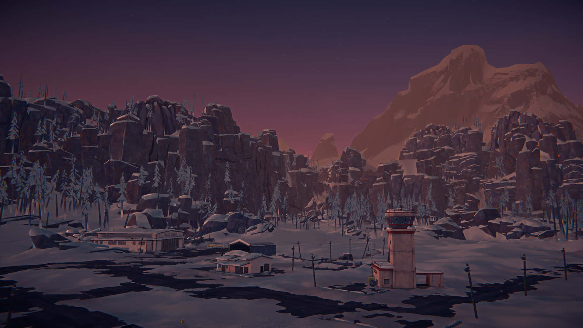 Dark Tales 桌布 壁紙 — 黃昏時分，紫色天空下，一個積雪的山谷中有廢棄建築物和松樹。