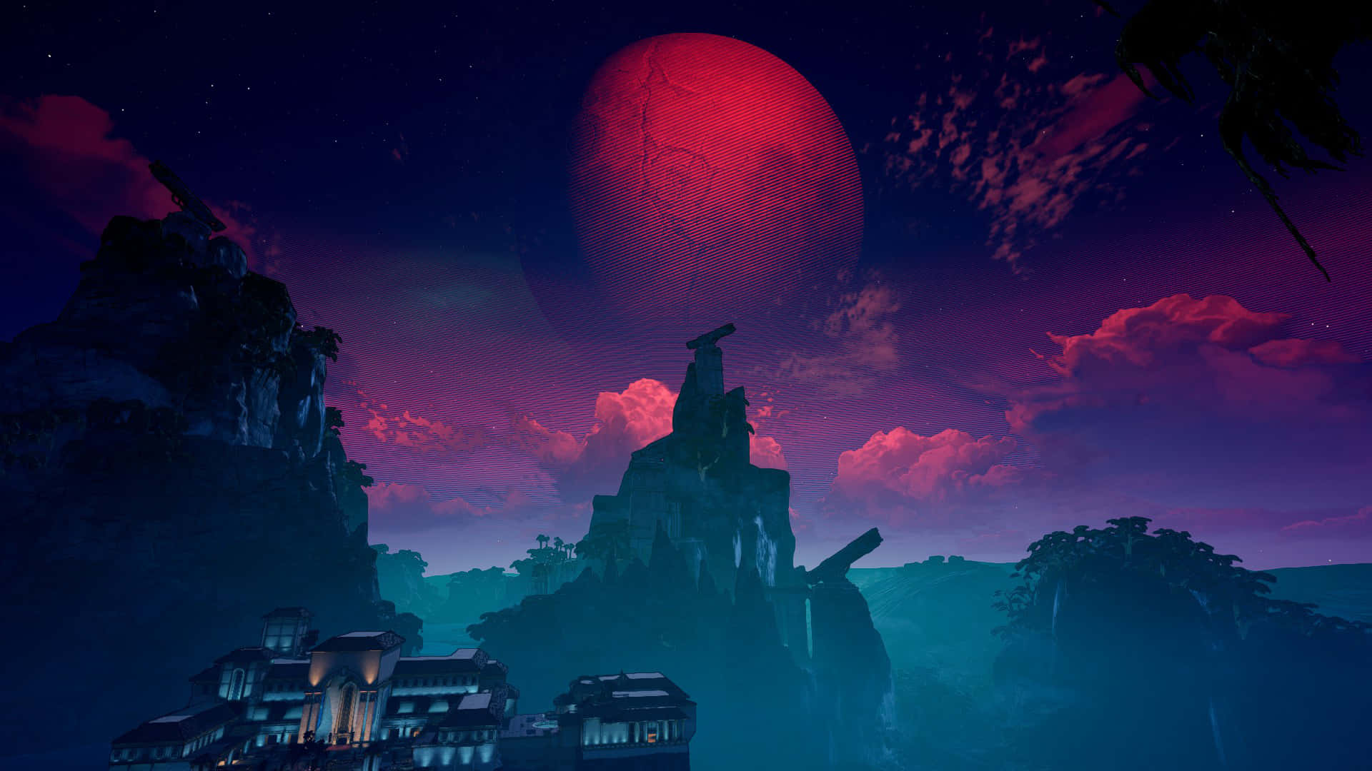 1080p Borderlands 3 桌布 壁紙 — 黃昏時分，超現實的外星景觀，一顆巨大的紅色星球籠罩在崎嶇的懸崖和發光的建築物之上。