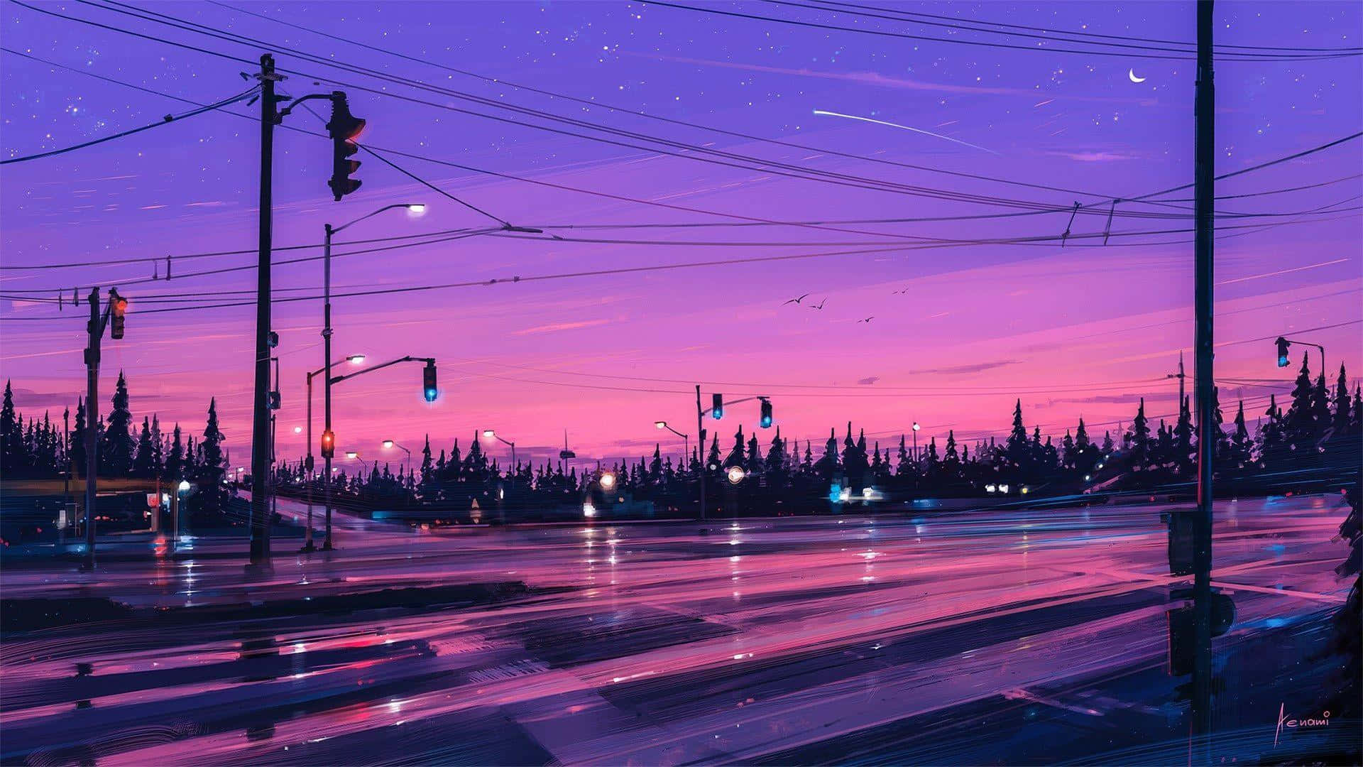 1920X1080 桌布 壁紙 — 黃昏時分，雨濕的城市街道在紫色和粉紅色的星空下閃爍著霓虹燈的倒影。