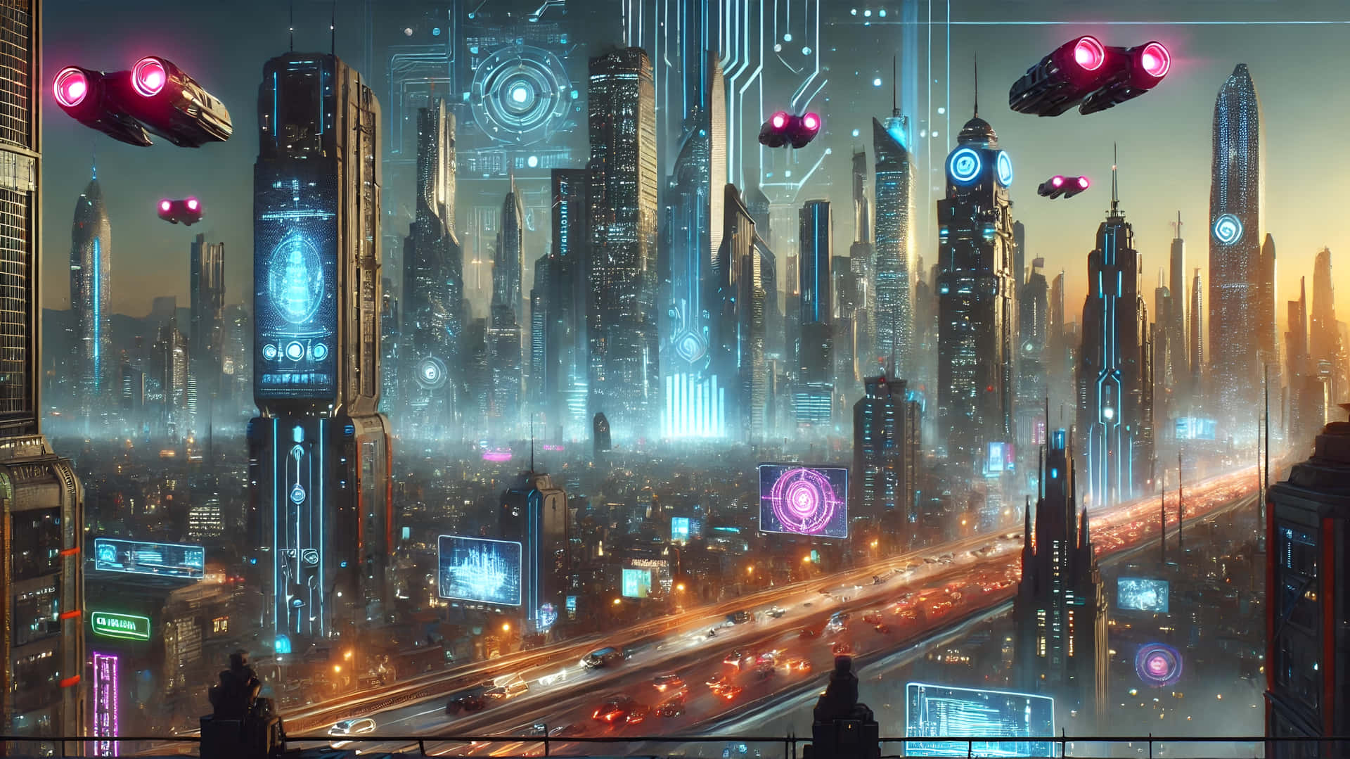 AI City Tall Buildings with Flying Vehicles 壁紙 — 黃昏時分，霓虹燈照亮的未來城市景觀，有飛行車輛和裝飾著全息顯示屏的發光摩天大樓。
