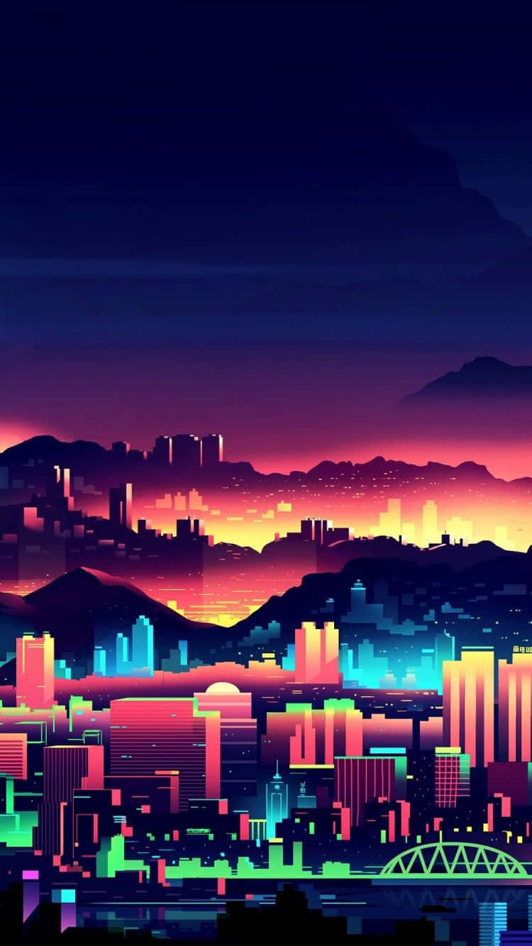 桌布 壁紙 — 黃昏時分，霓虹燈閃爍的復古未來主義城市景觀，發光的像素化建築映襯著漸變的天空。
