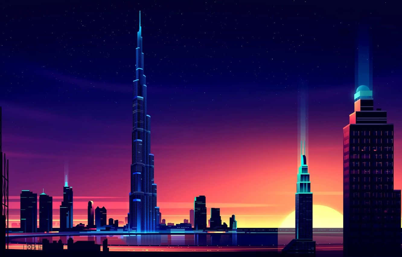 Uae 桌布 壁紙 — 黃昏時分，霓虹燈閃爍的未來城市景觀，高聳的摩天大樓在充滿活力的紫色和橙色天空下閃耀。