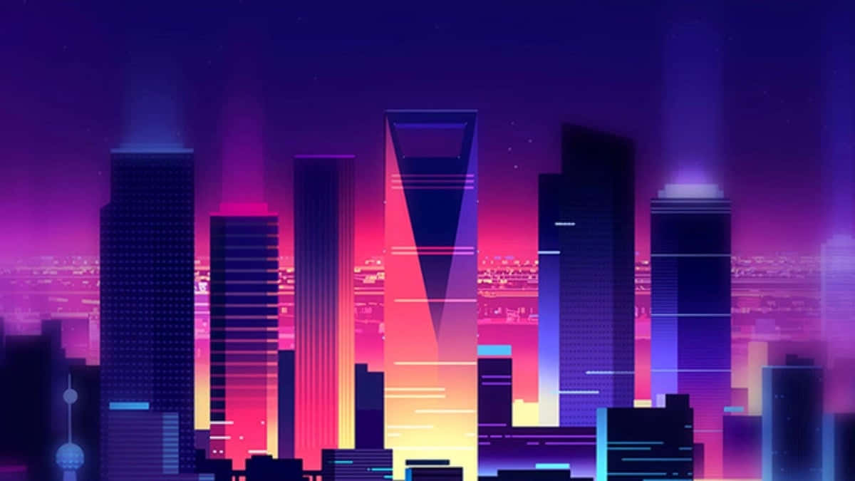 背景 桌布 壁紙 — 黃昏時分，霓虹燈閃爍的未來城市景觀，高聳的摩天大樓在星空下散發出電光紫、粉紅和黃色的光芒。