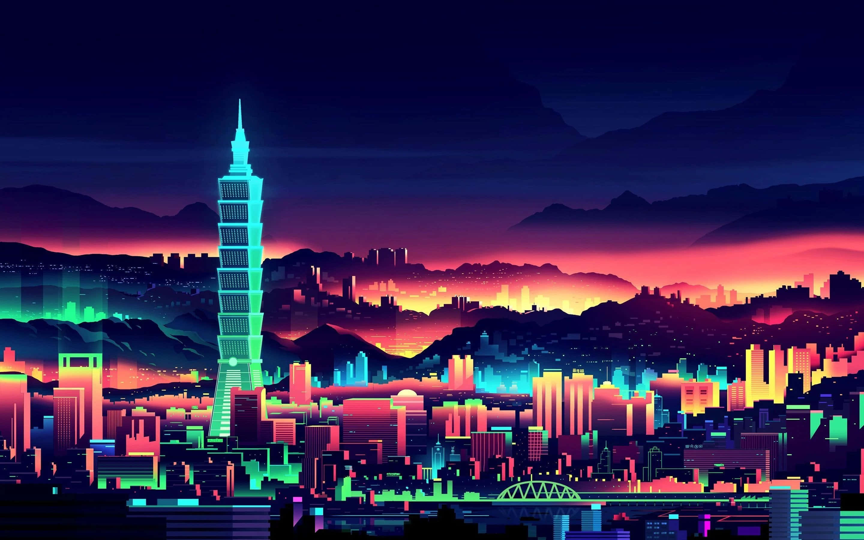 Vaporwave 桌布 壁紙 — 黃昏時分，霓虹燈閃爍的未來城市景觀，一座發光的摩天大樓映襯著漸變色的天空。