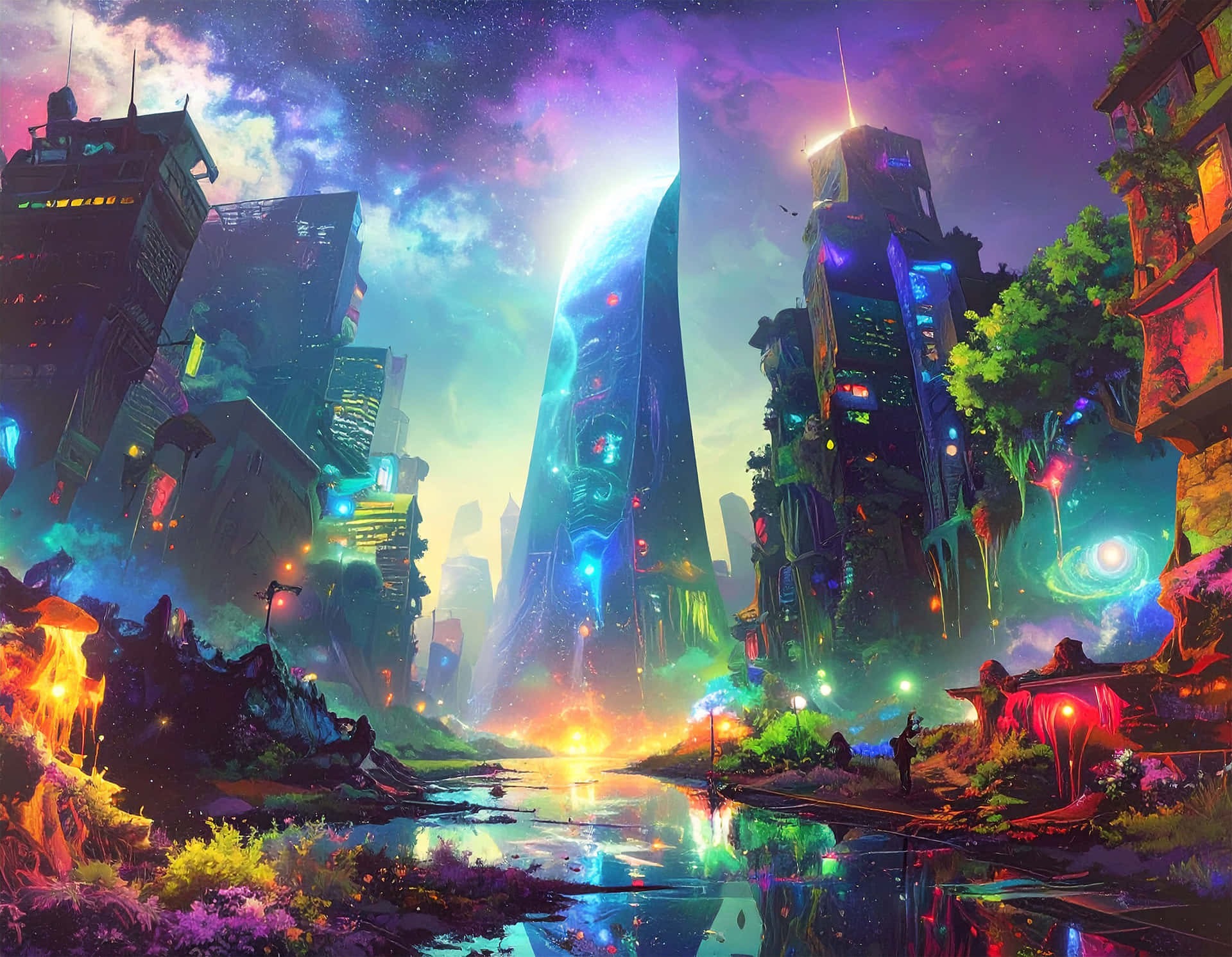 Cityscape 壁紙 — 黃昏時分，霓虹燈閃爍的賽博朋克城市景觀，發光的摩天大樓在星光點點的紫色天空下倒映在河流中。