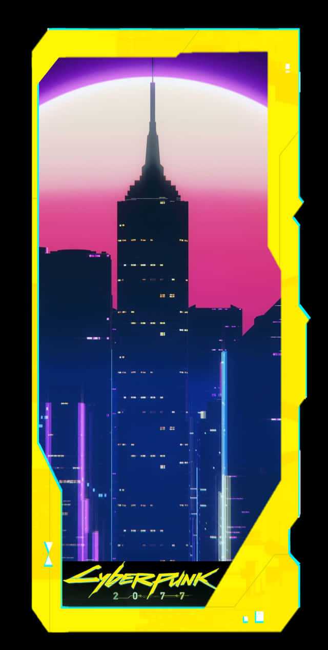 Pixel 3 Cyberpunk 2077 桌布 壁紙 — 黃昏時分，霓虹燈閃爍的賽博龐克城市景觀，一座高聳的摩天大樓在發光的粉紅色和紫色天空襯托下呈現剪影。