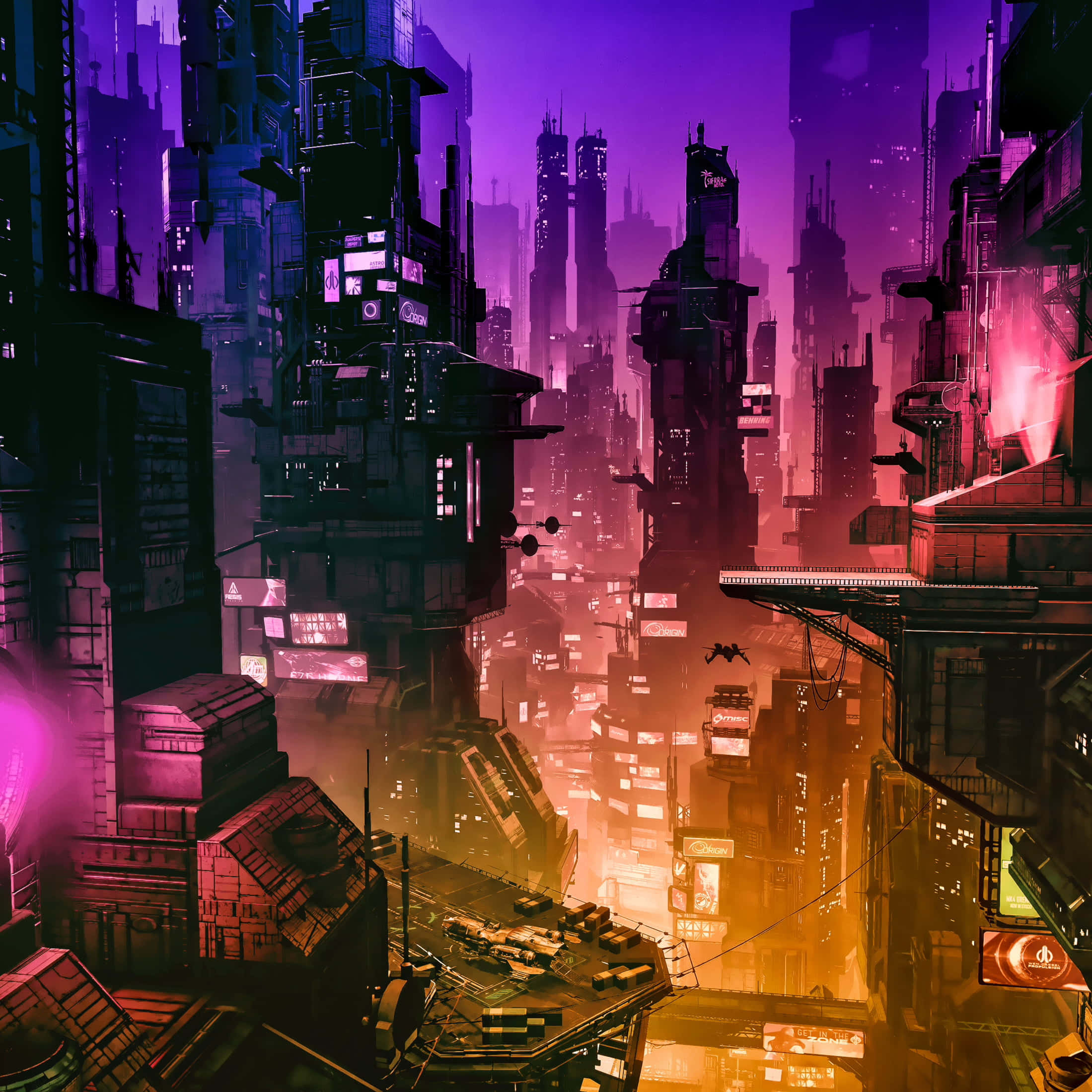Futuristic City 桌布 壁紙 — 黃昏時分，霓虹燈閃爍的賽博龐克城市景觀，高聳的摩天大樓散發著紫色和橙色的光芒。