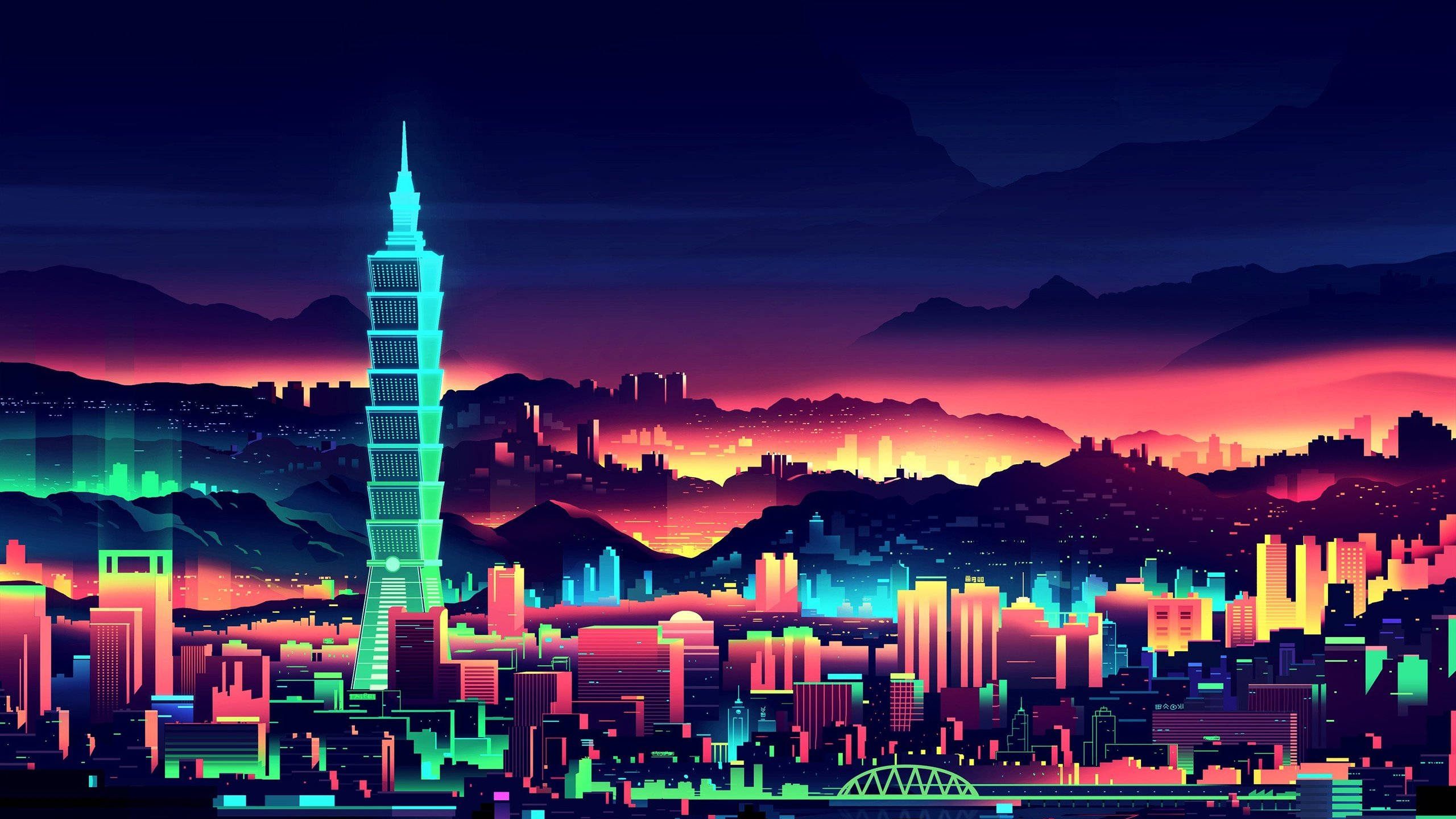 台灣 桌布 壁紙 — 黃昏時分，霓虹燈閃爍的賽博龐克城市景觀，摩天大樓在漸變色天空下發光。