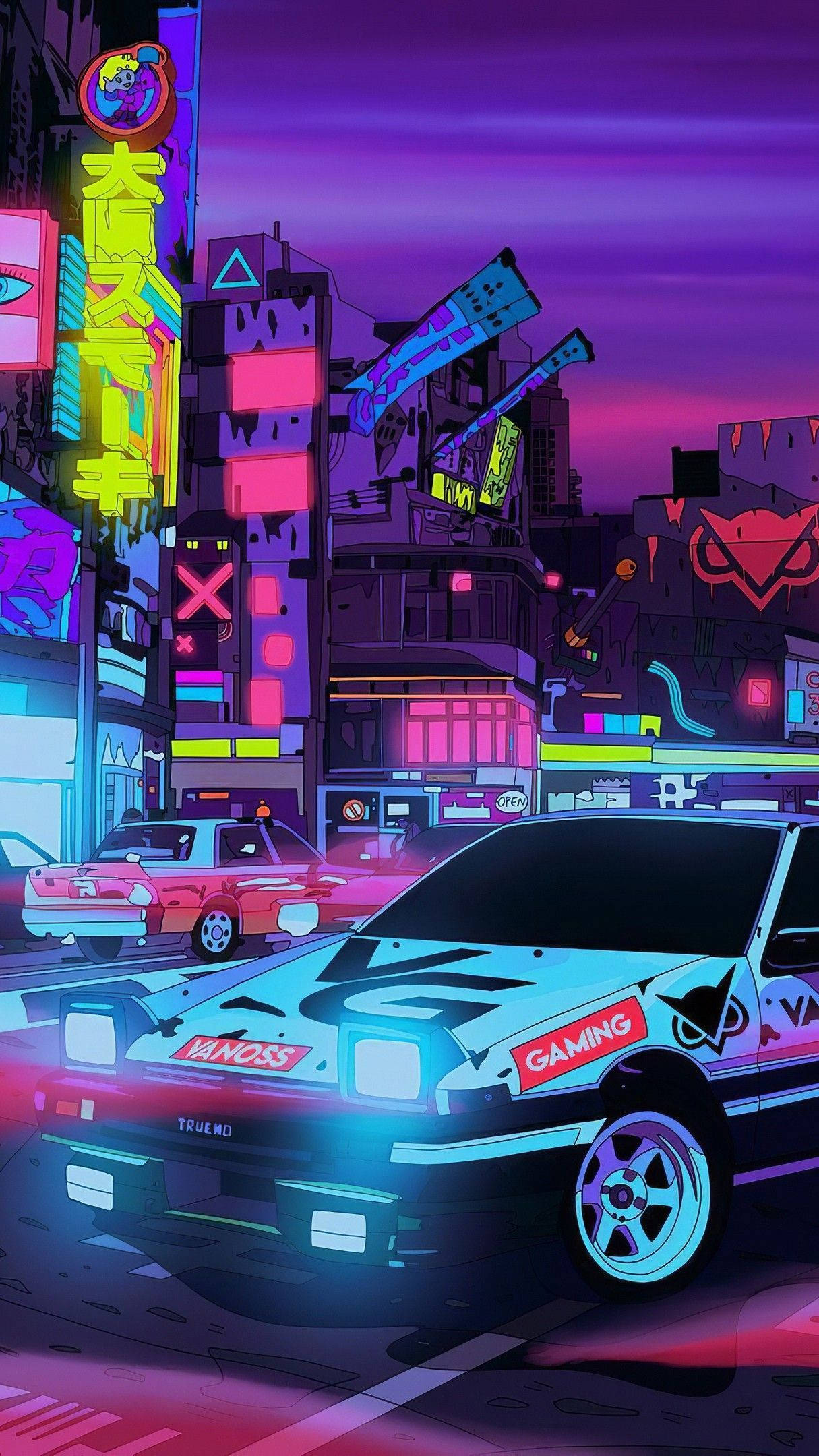 JDM汽車 桌布 壁紙 — 黃昏時分，霓虹燈閃爍的賽博龐克城市景觀，前景有發光的招牌和一輛賽車。