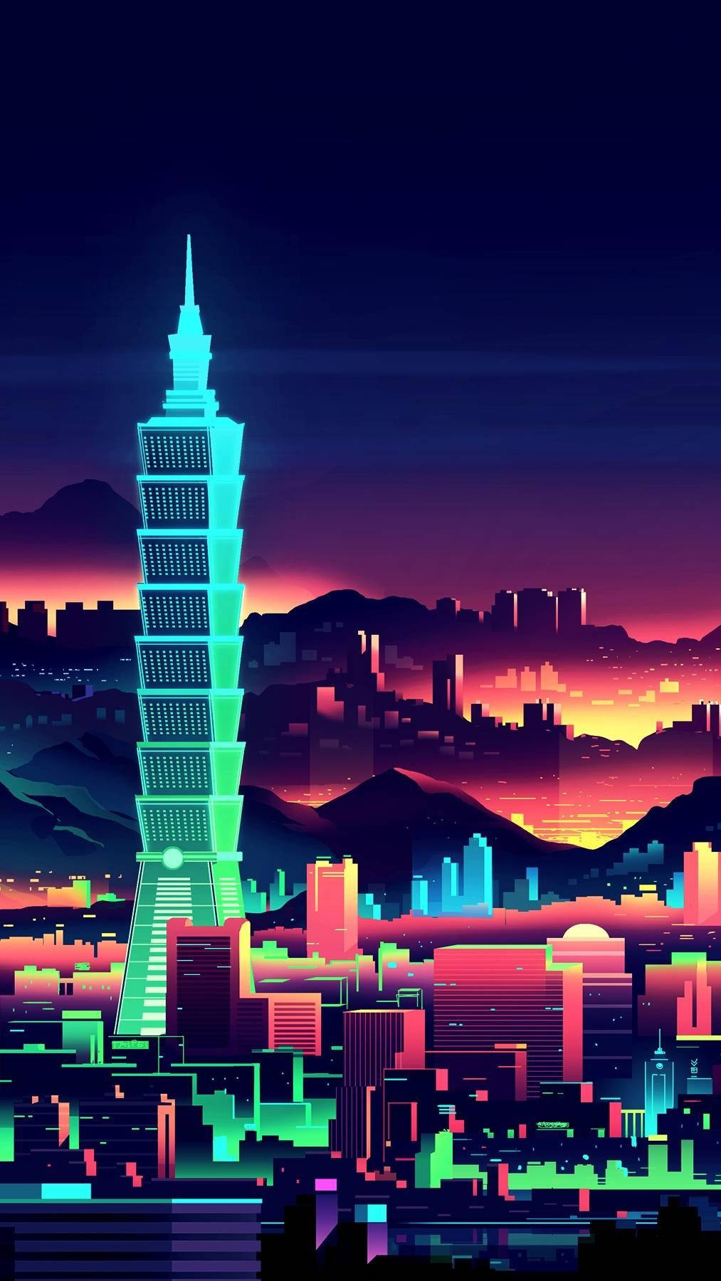 Buildings 桌布 壁紙 — 黃昏時分，霓虹燈閃爍的賽博龐克城市景觀，一座發光的摩天大樓刺穿漸變的天空。