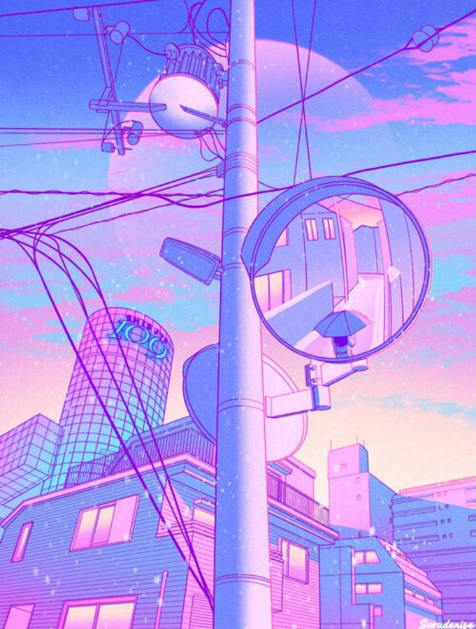 Digital 桌布 壁紙 — 黃昏時分，霓虹粉紅和藍色的動畫風格城市景觀，有電線桿和鏡子反射雨中的街景。
