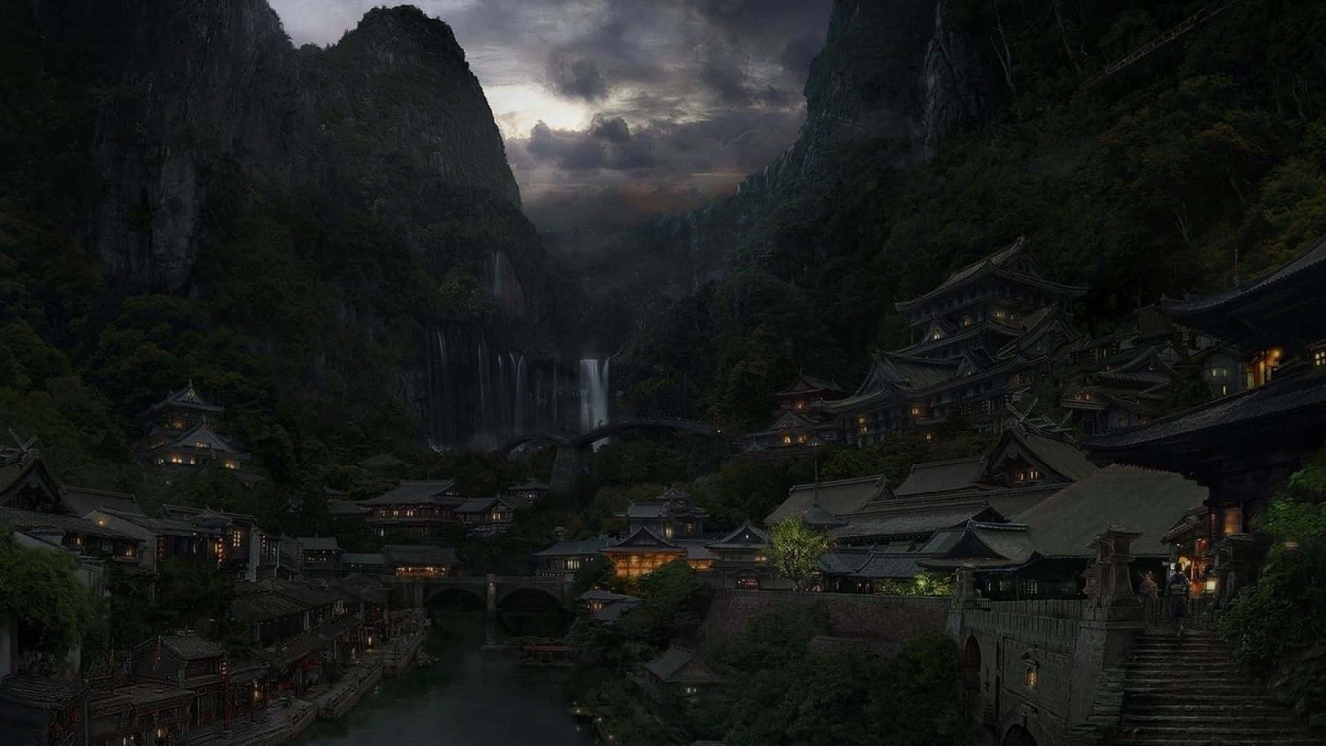 Konoha 桌布 壁紙 — 黃昏時分，霧氣瀰漫的山谷中，古老的木造建築沿河而建，瀑布在 towering 懸崖之間傾瀉而下。