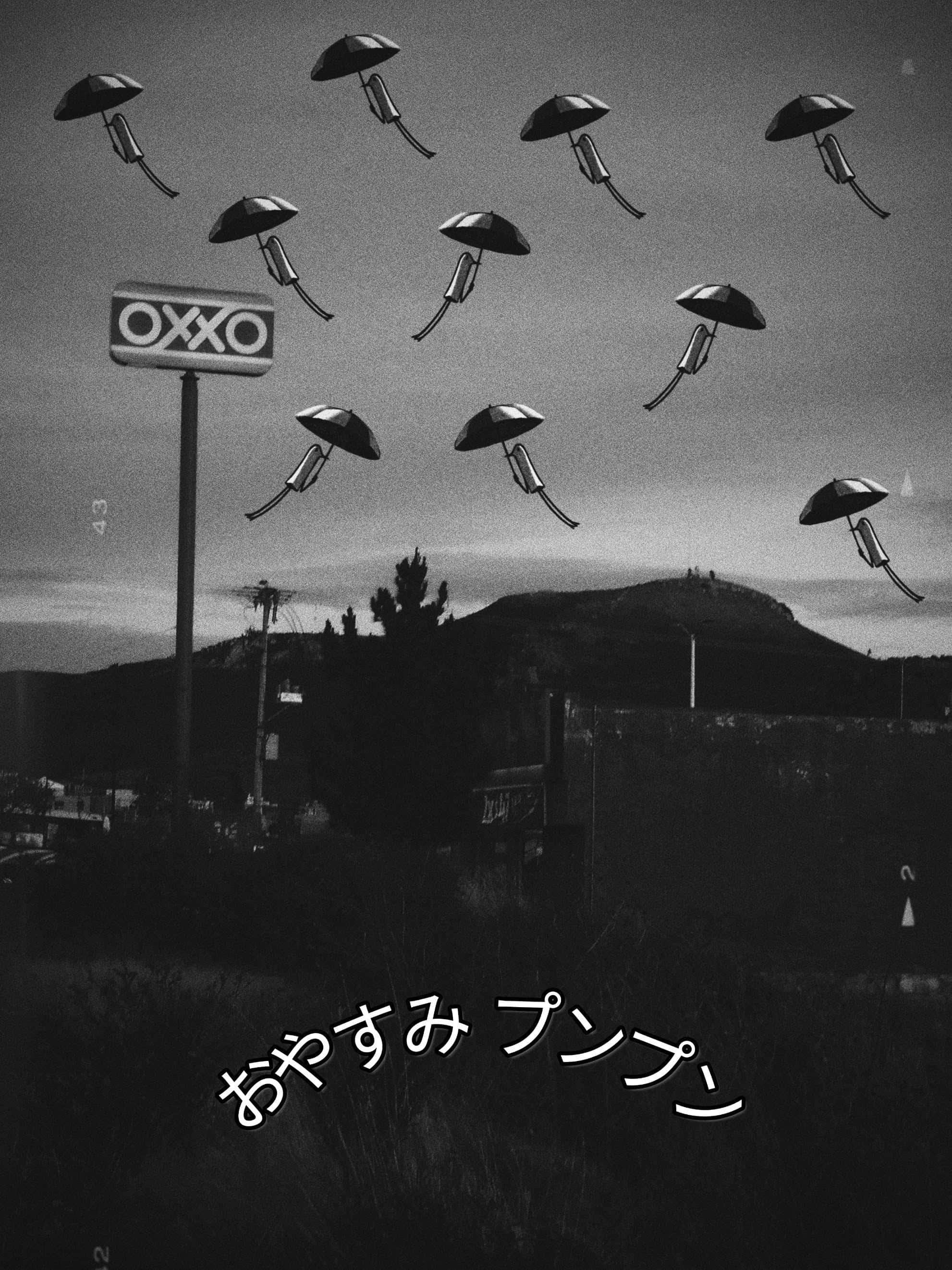 桌布 壁紙 — 黃昏時分，黑白超現實場景，遠處山丘上空漂浮著雨傘和OXXO標誌。